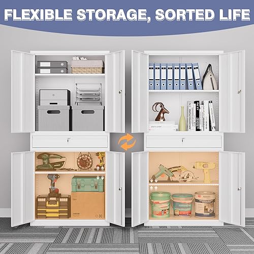 Vista 64 de Gabinete de metal de 72 pulgadas, armario de almacenamiento con bloqueo con 2 puertas y 5 estantes ajustables, gabinete de herramientas de acero