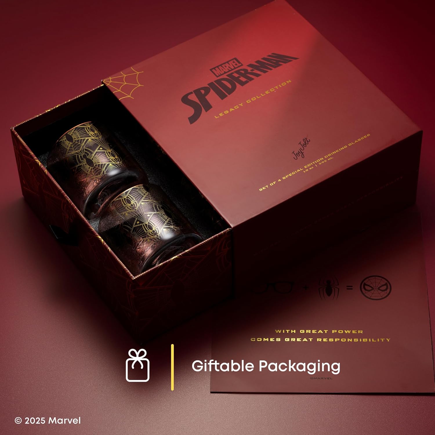 JoyJolt Marvel Spider-Man Legacy Short Drinking Glasses, 10oz Superhero Glass Cups Set of 4, Kitchen Glass Tumbler Set, Gifts for Men and Women, Cool Marvel Stuff for Fathers Day - Image 4