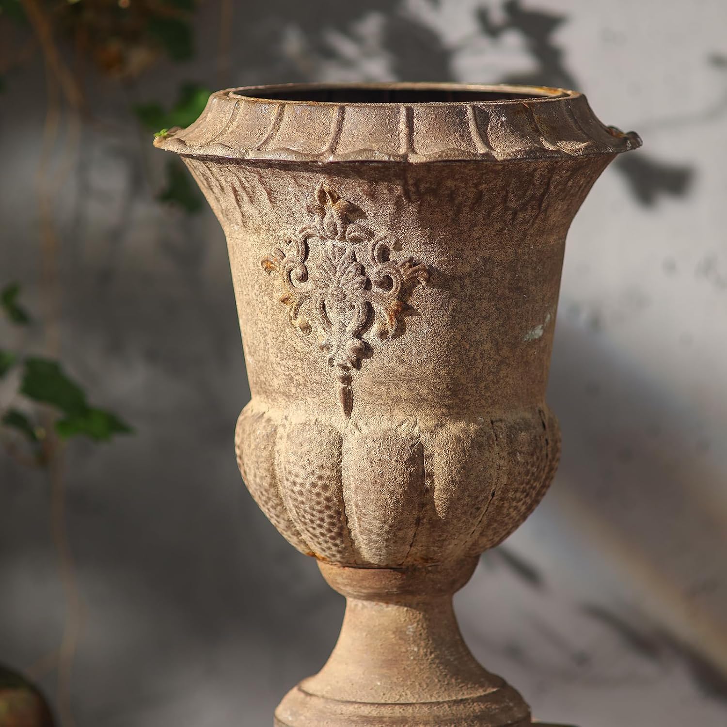16inch Tall Vintage Garden Iron Urn Planters for Indoor and Outdoor Plants, European Retro Style Classic Metal Imitation Stone Flower Pots Rustic Front Porch Home Decor Patio Deck Balcony
