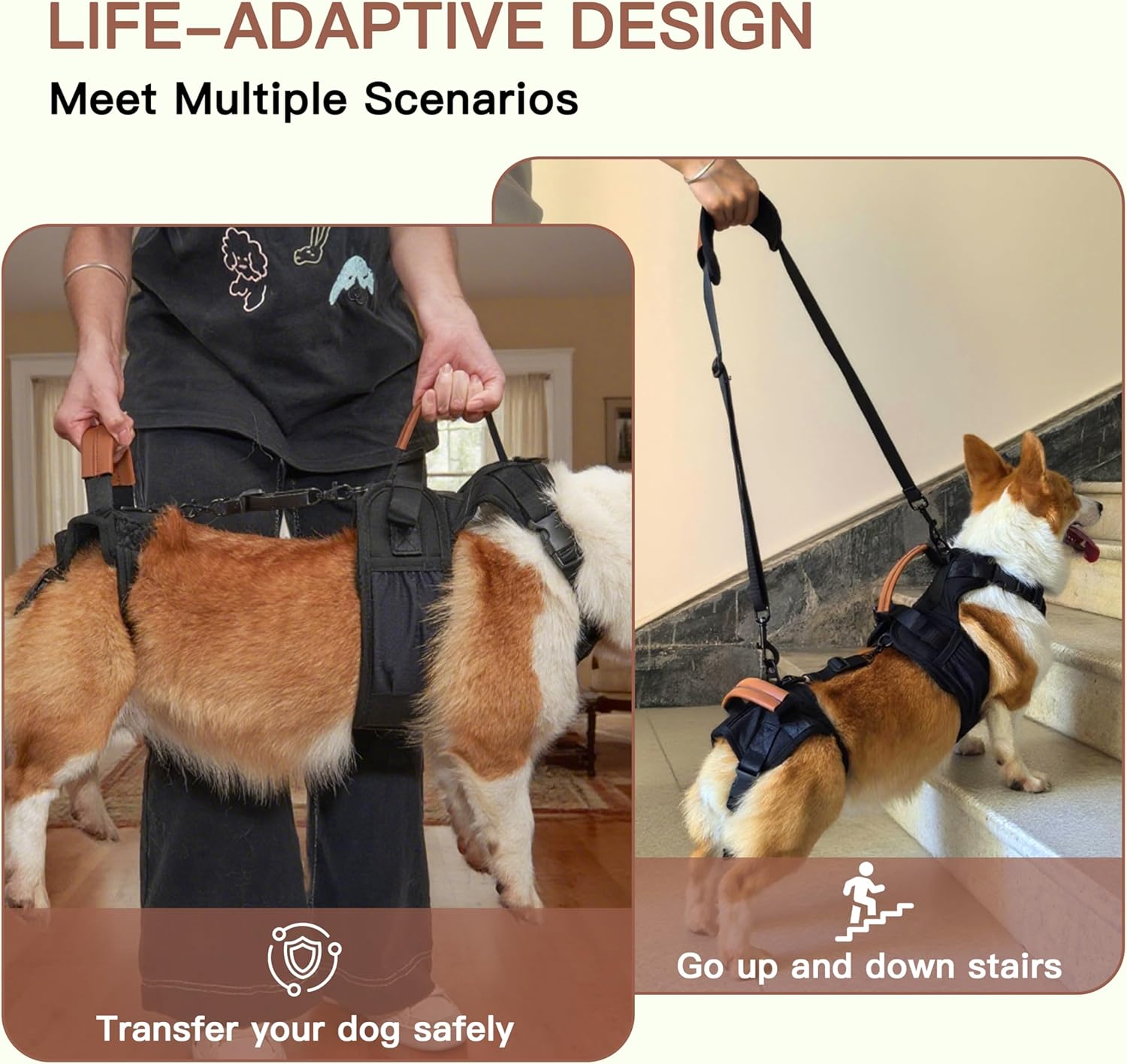 Dog Lift Harness, Full Body Dog Harness with Handle for Lifting, Front/Back Leg Support, Prevent Chafing Pee-Able Design, 2-in-1 Detachable Dog Assist Harness for Senior Disabled Dogs Up to 55lb
