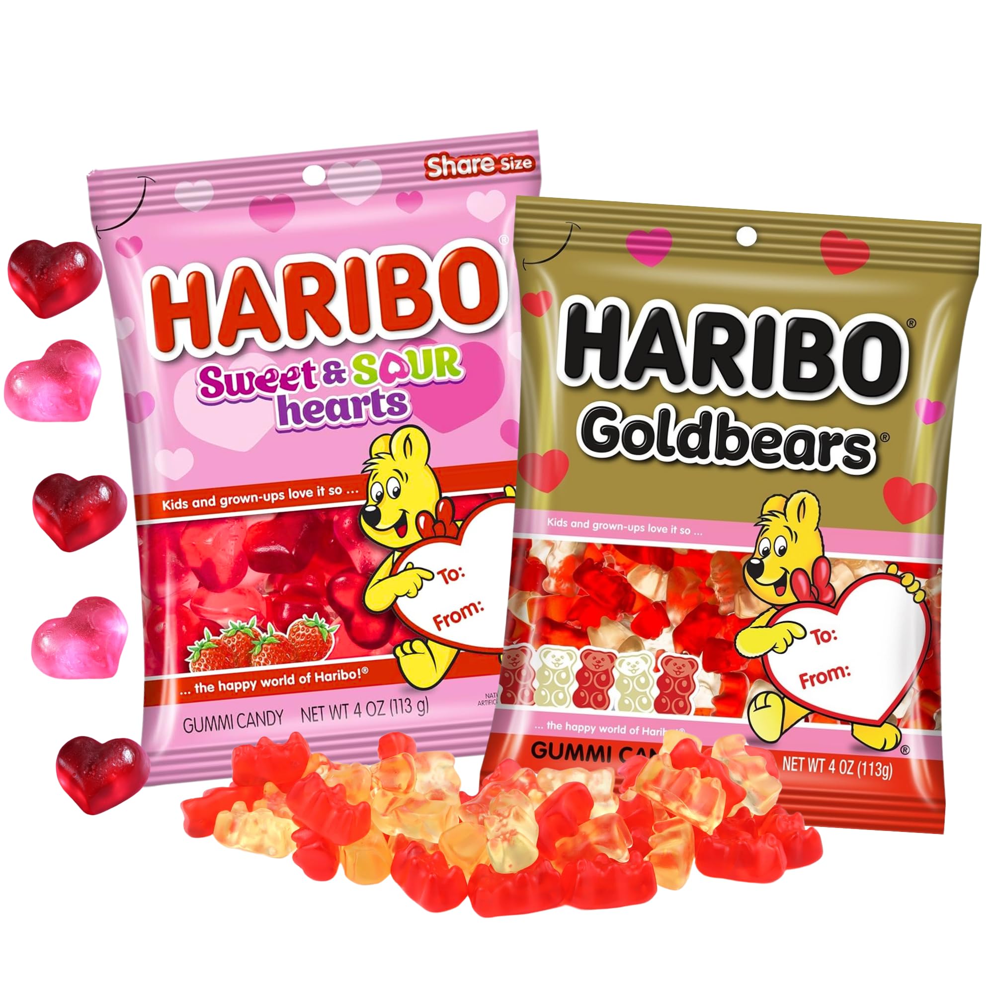 Sweetzo - Valentines Gummy Bears and Sweet and Sour Hearts, Assorted Fruit Flavored Candy Gift, 4 Ounces Each (Pack of 2)