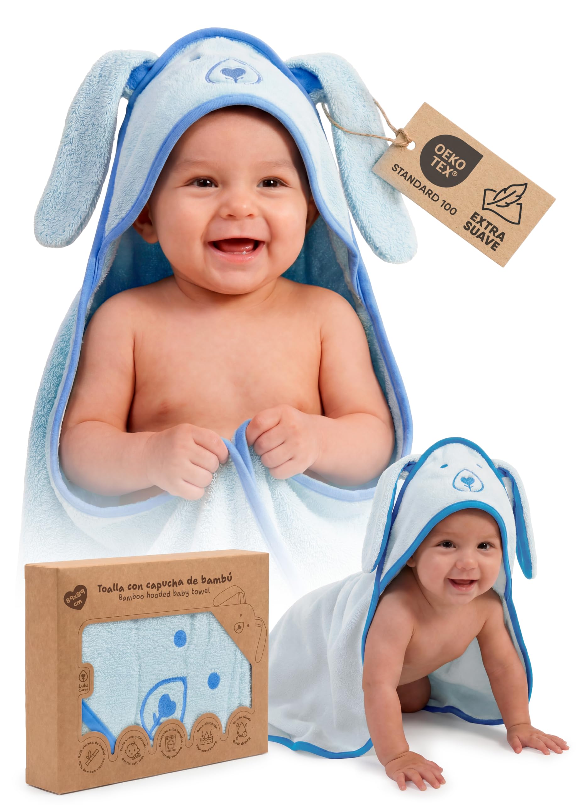 Bade-Set Baby Bambus: 6er-Pack Gesichtshandtücher 25x25cm + Kapuzenhandtuch Blau Hündchen 89x89cm Neugeborenes Hypoallergen Antibakteriell Originelles Geschenk Baby Shower