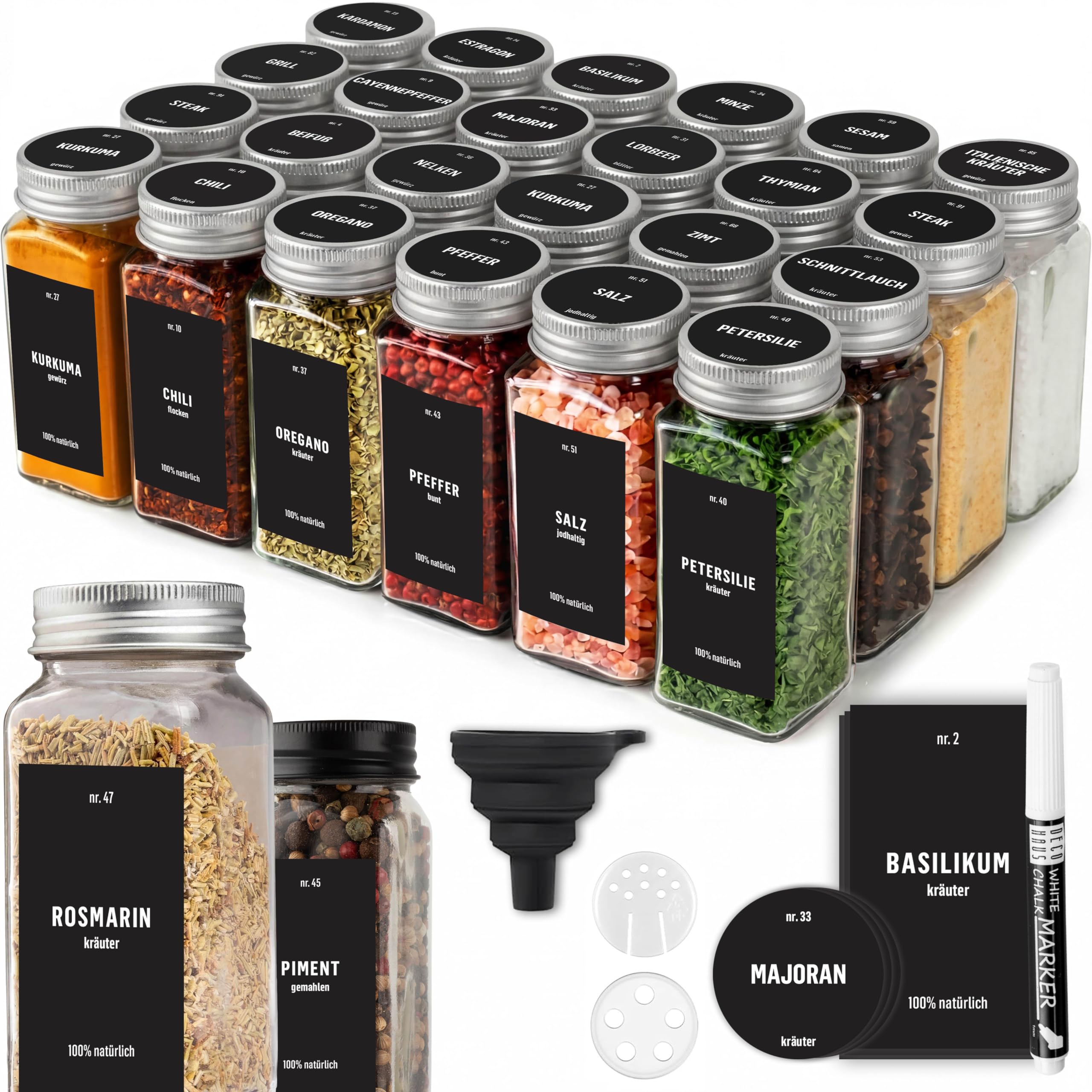 Deco Haus Juego 24 Tarros Especias con Tapa Rosca - Etiquetas, Embudo, Cepillo, Marcador - Va con Nuestros Estantes para Condimentos - Almacenamiento y Dispensador Vidrio Transparente 120ml 10.5x4.3cm