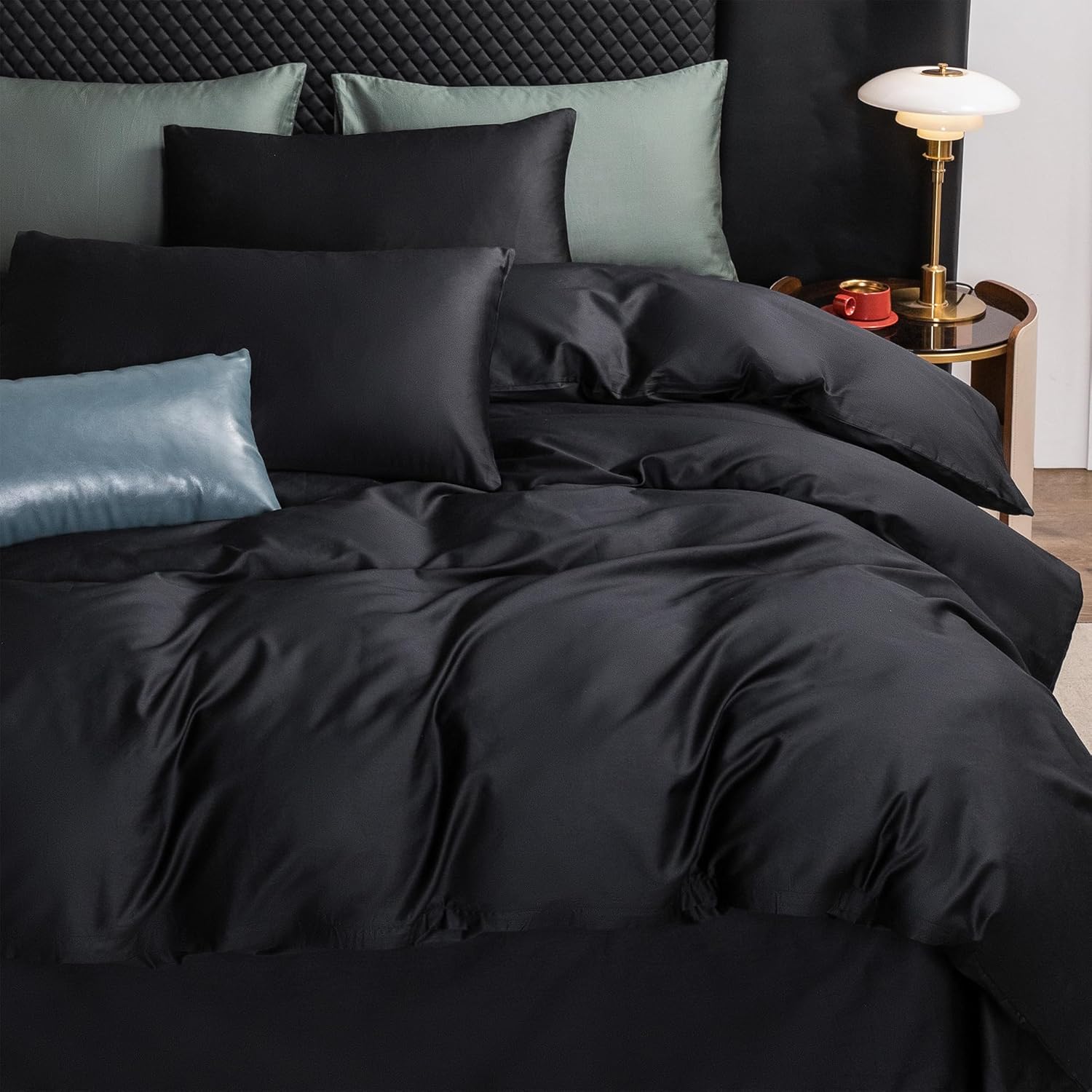 MooMee Duvet Cover Set 100% Extra Long Staple Cotton 600 Thread Count Silky Sateen Smooth Luxury Soft Breathable Durable Hotel Quality Bedding, 3 Pieces (Black, Queen 90"x90")