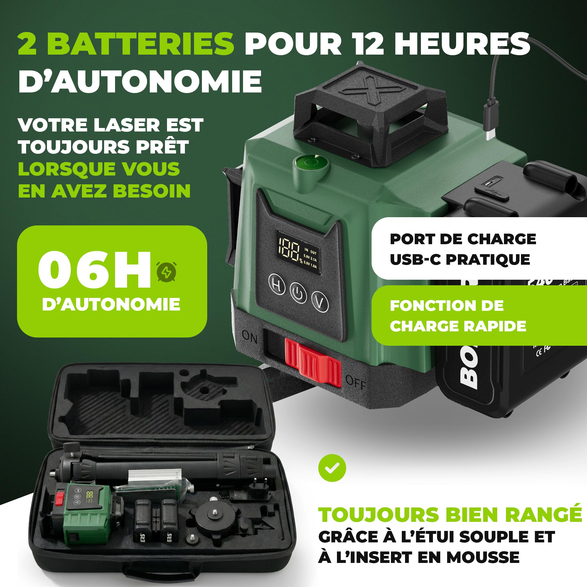 ProLaser 4x360° Niveau Laser Croix avec Trépied - Laser Vert Autonivelant, Niveau Laser Chantier, 16 Lignes, 2 Batteries, Mallette & Accessoires pour Carrelage, Mur & Installation