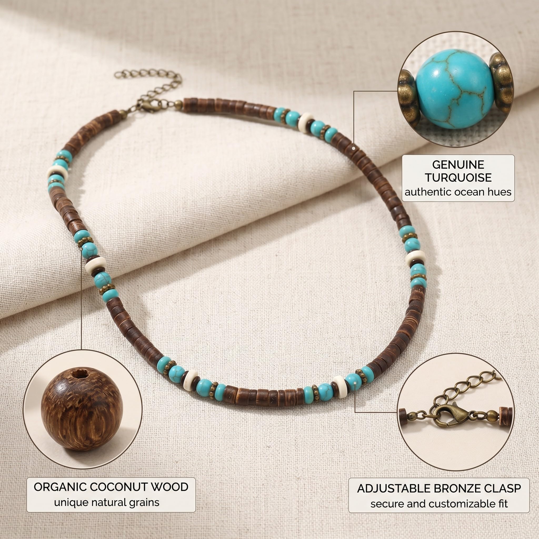 1 Pezzi Surf Collana Con Perle Di Cocco Fatti A Mano, Collana Uomo Perle, Beach Gioielli Da Uomo, Collana Da Surfista, Catena Di Legno Perline Impermeabili, Collana Da Spiaggia (Marrone,A)