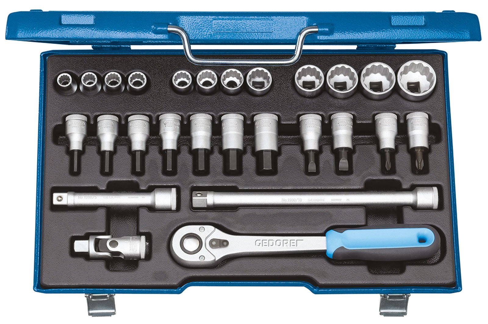 GEDORE Steckschlüsselsatz, Set 27tlg, 6-/12-kant, 1/2 Zoll, 10-30mm, Werkzeug, Knarre Umschalthebel, für KFZ, D19 IMU 10