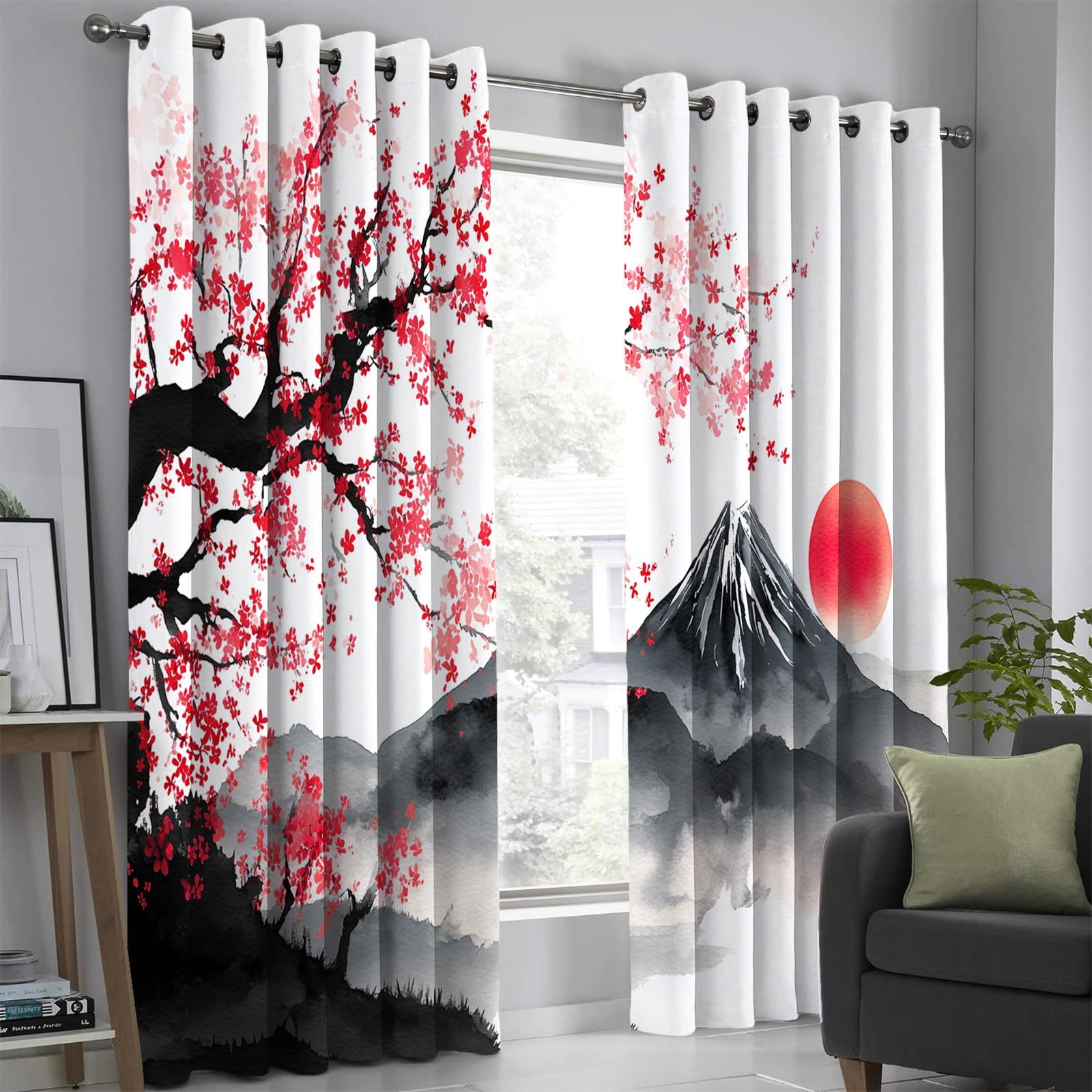 Rideau Occultant Paysage Japonais 140x240cm 2 Panneaux Rideau Thermique Isolant Anti Froid A Oeillets Rideaux Salon Style De Peinture À L'Encre Décoratif Chambre Adult Cuisine