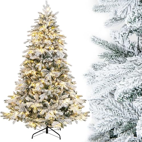 Happygrill 6FT Pre-lit Snow Flocked Christmas Tree with 250 LED Lights & 1415 PE & PVC Branch Tips, Hinged Holiday Festival Decoration Tree for Nieve