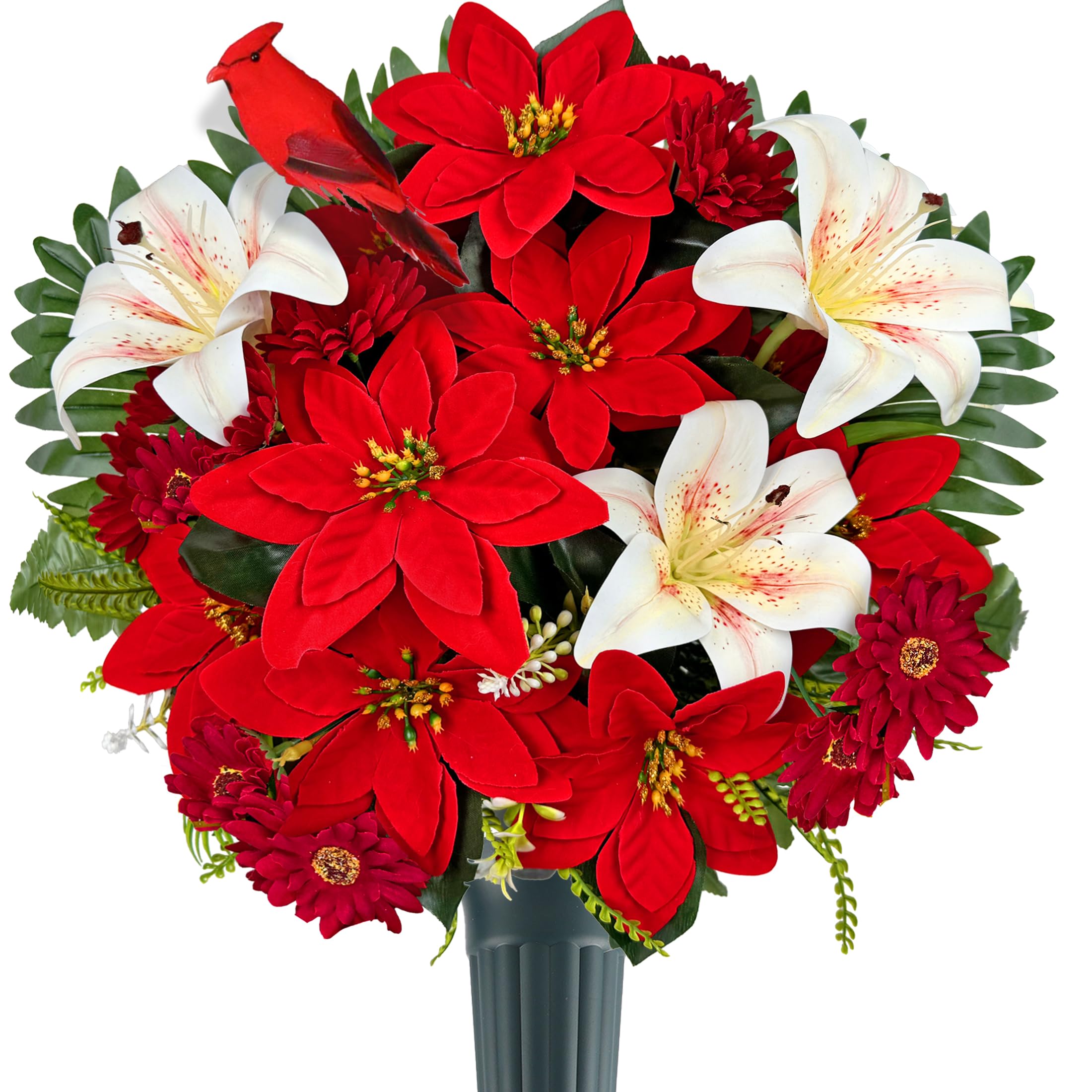 Fleurs de cimetière pour décoration de tombe – Bouquet de poinsettias de Noël – Fleurs commémoratives pour pierre tombale, extérieur, ne se décolorent pas et faciles à installer