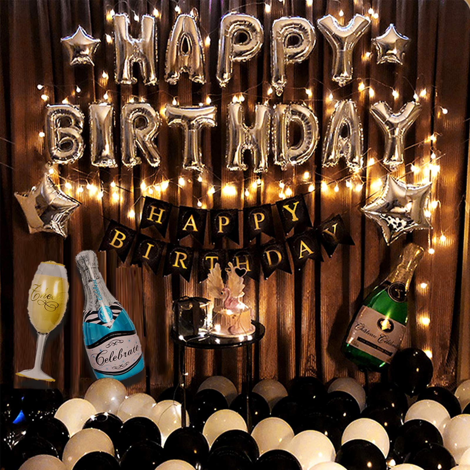 Birthday Party Decoration For Adult Party Supplies Black and White Balloons With String Light Men and Women Anniversary-All Total 60 Pcs