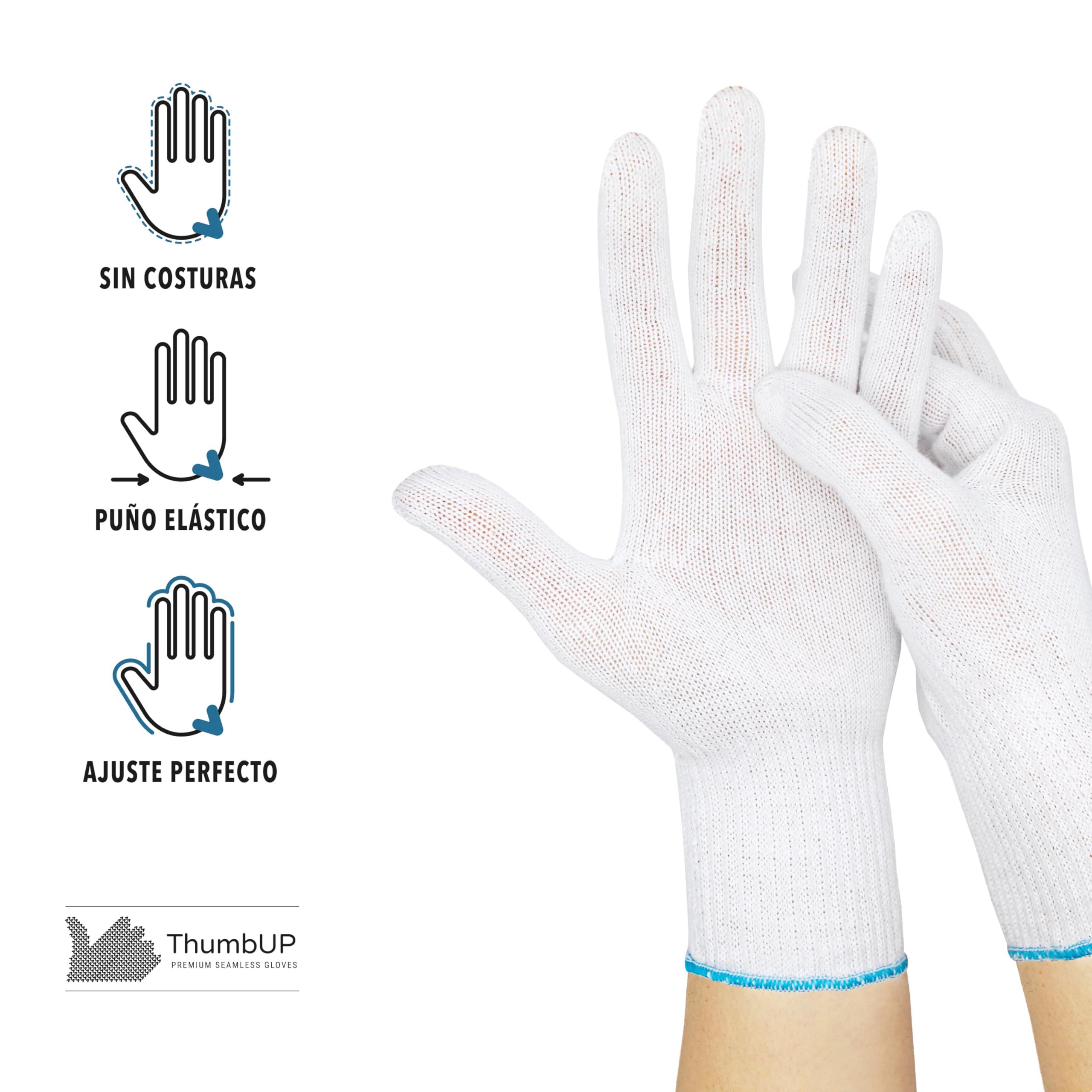 ThumbUP - Supersoft -Pack de 12 Pares de Guantes 100% Hilo Algodón Cardado América, Resistentes, Ambidiestros, Sin Costuras, Muñequera Elástica, Lavables y Reutilizables, Blanco Candid, Talla S
