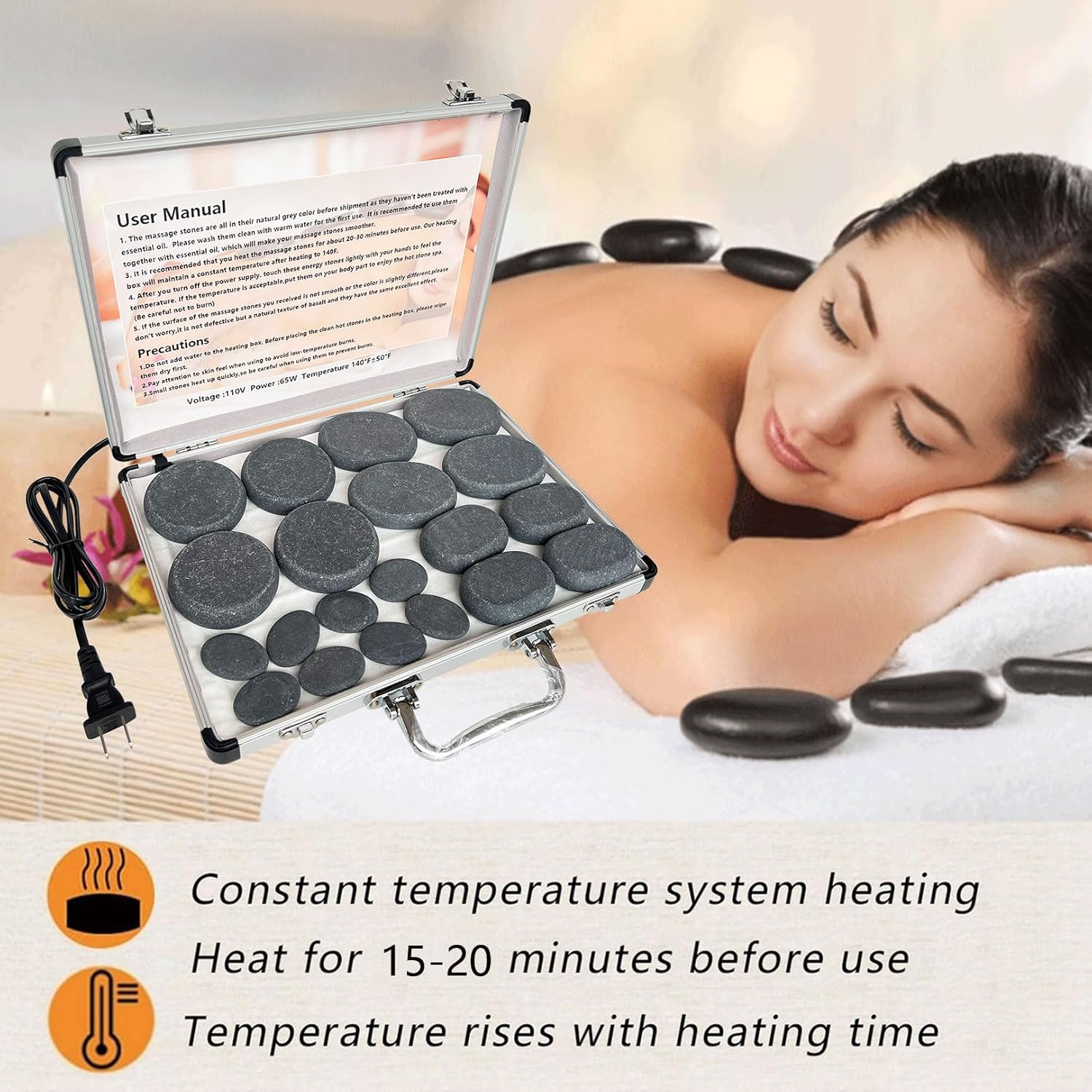 Hot Stone Massage Set, 20 Pieces of Basalt Massage Stones, Suitable for Relaxation in Home spa Heat Therapy