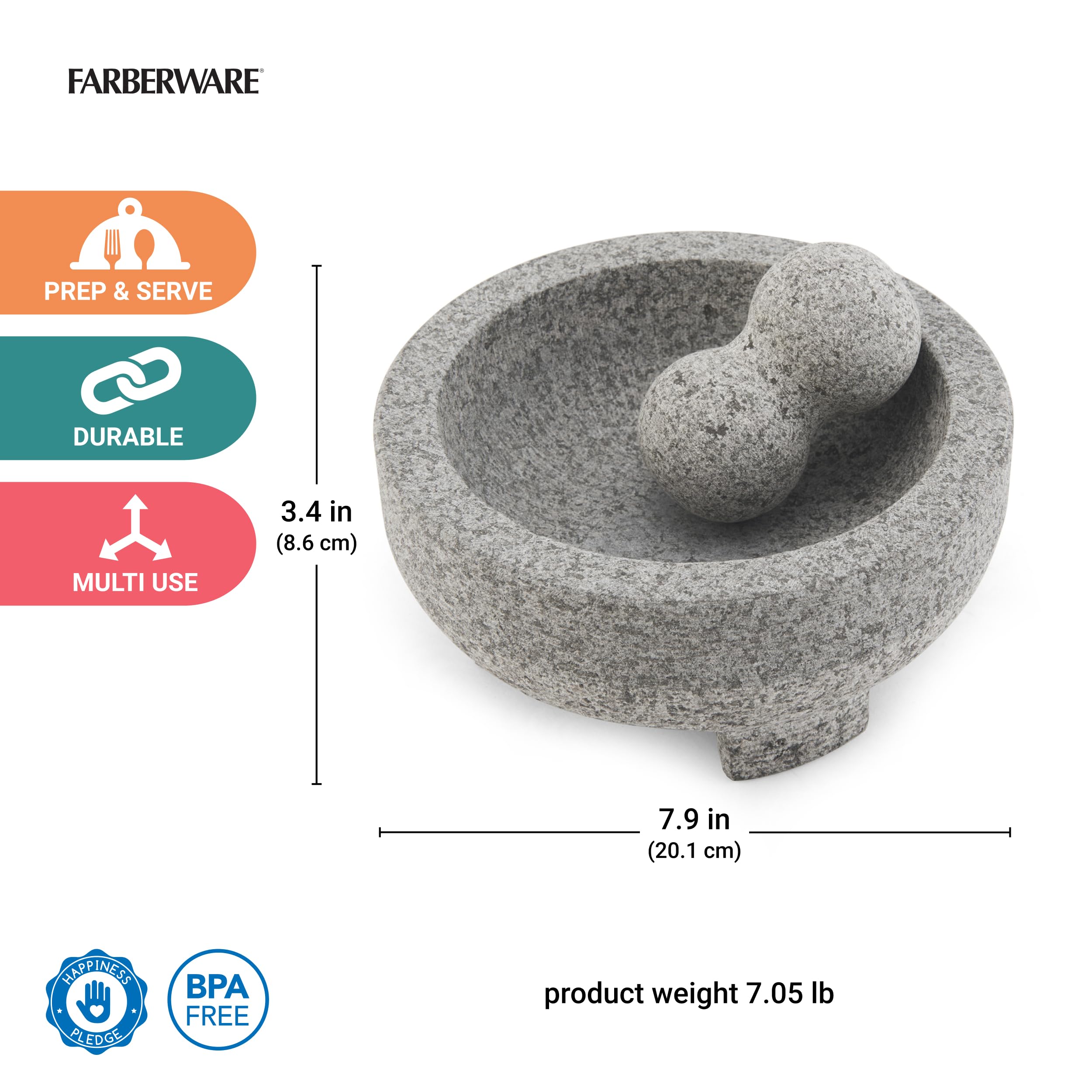 Farberware 5216415 Professionelle Granit Molcajete Mörser und Stößel Stein Schleifer, Edelstahl, braun|grau|beige