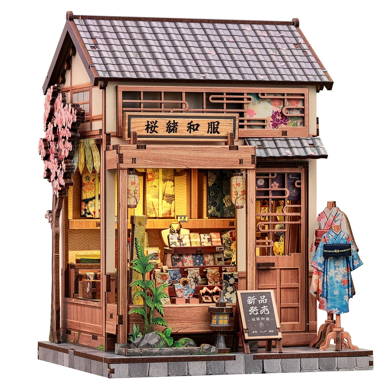 CUTEBEE Japanese Sakura Kimono Book Nook Kit - Casa delle Bambole fai da te Puzzle 3D in Legno per Adulti, Casa in Miniatura da Costruire da soli, Regalo Creativo e Decorazione per Libreria