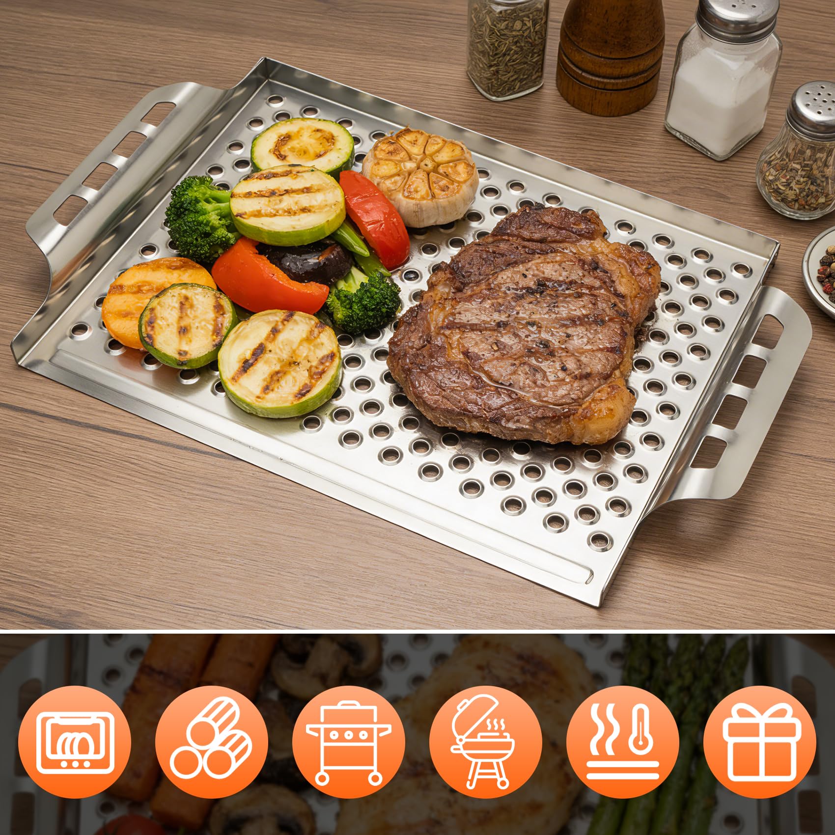 onlyfire Bandeja para Parrilla de Agujero Redondo de Acero Inoxidable,para barbacoas de carbón， Gas y Otras barbacoas, 44 x 30 x 3,8 cm (Largo x Ancho x Alto)