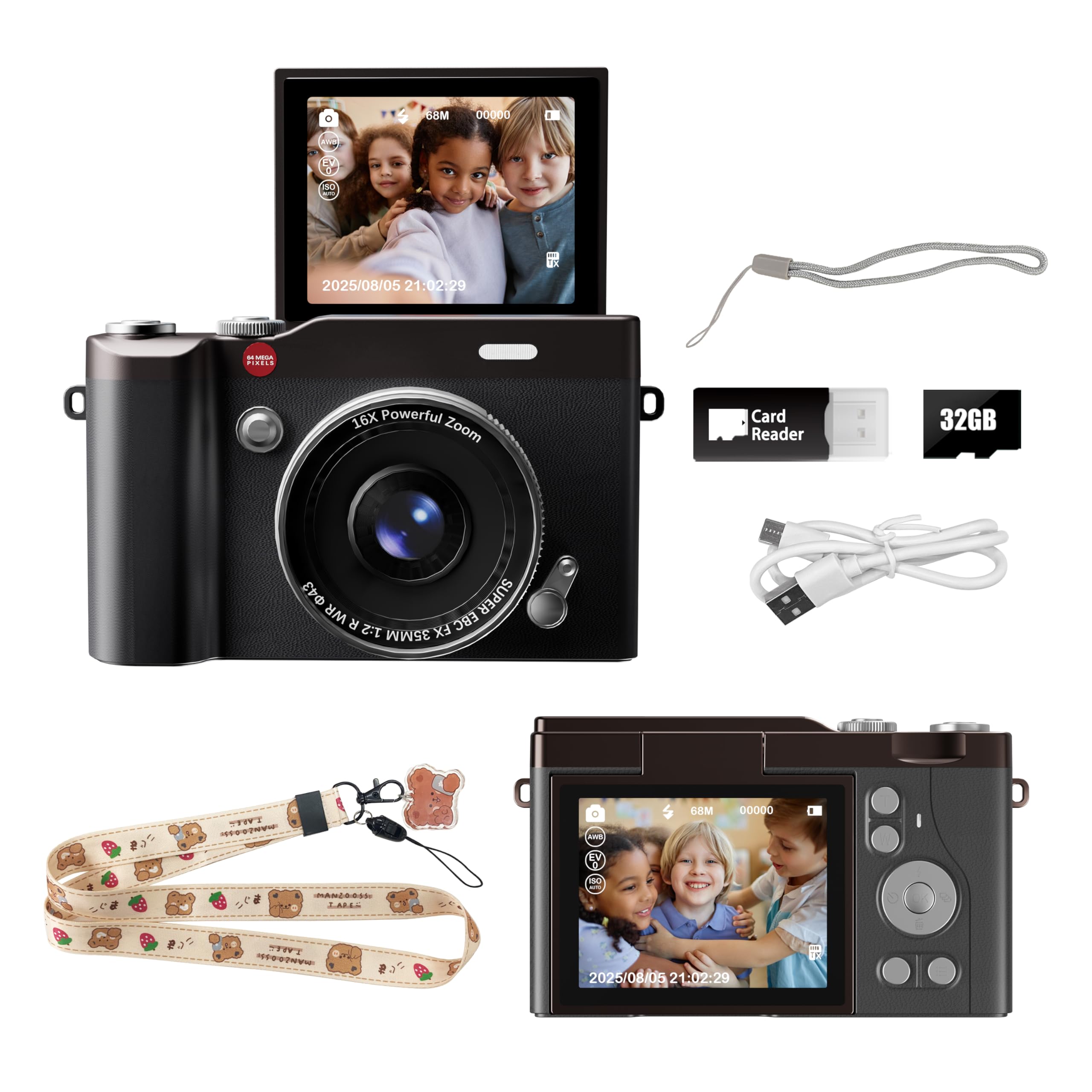 HEYMAO Childrens Camera 2.4" Flip Screen 64MP 1080P with 32GB SD Card Kids Digital Camera for Boys and Girls Toys 3-12 Years Old