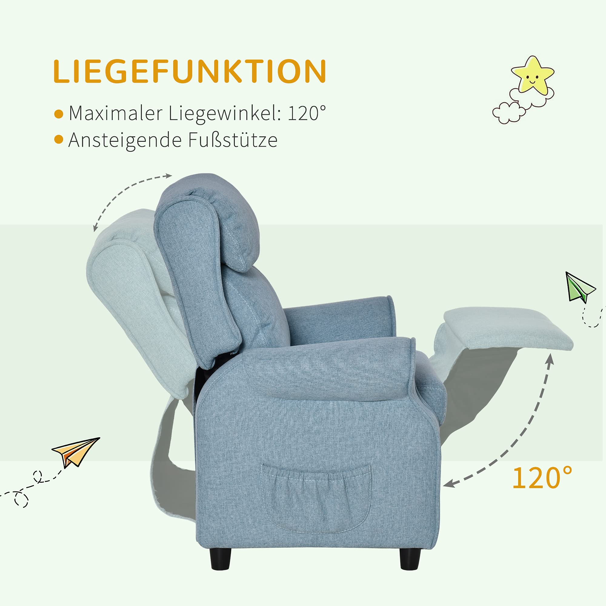 HOMCOM Kindersofa Kindersessel mit Fußstütze Armlehne verstellbare Rückenlehne Relaxsessel Kindercouch Stuhl Liegecouch Kinder Sofa für 3-5 Jahre Jungen und Mädchen Blau