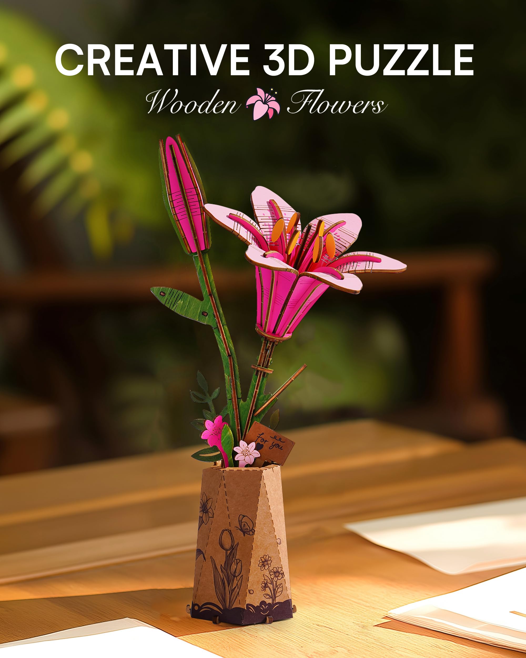 ROBOTIME Puzzle in legno 3D, kit di modelli di fiori artificiali per adulti, decorazione creativa per la casa, accessori per soggiorno, regali per donne a San Valentino (Giglio Rosa)