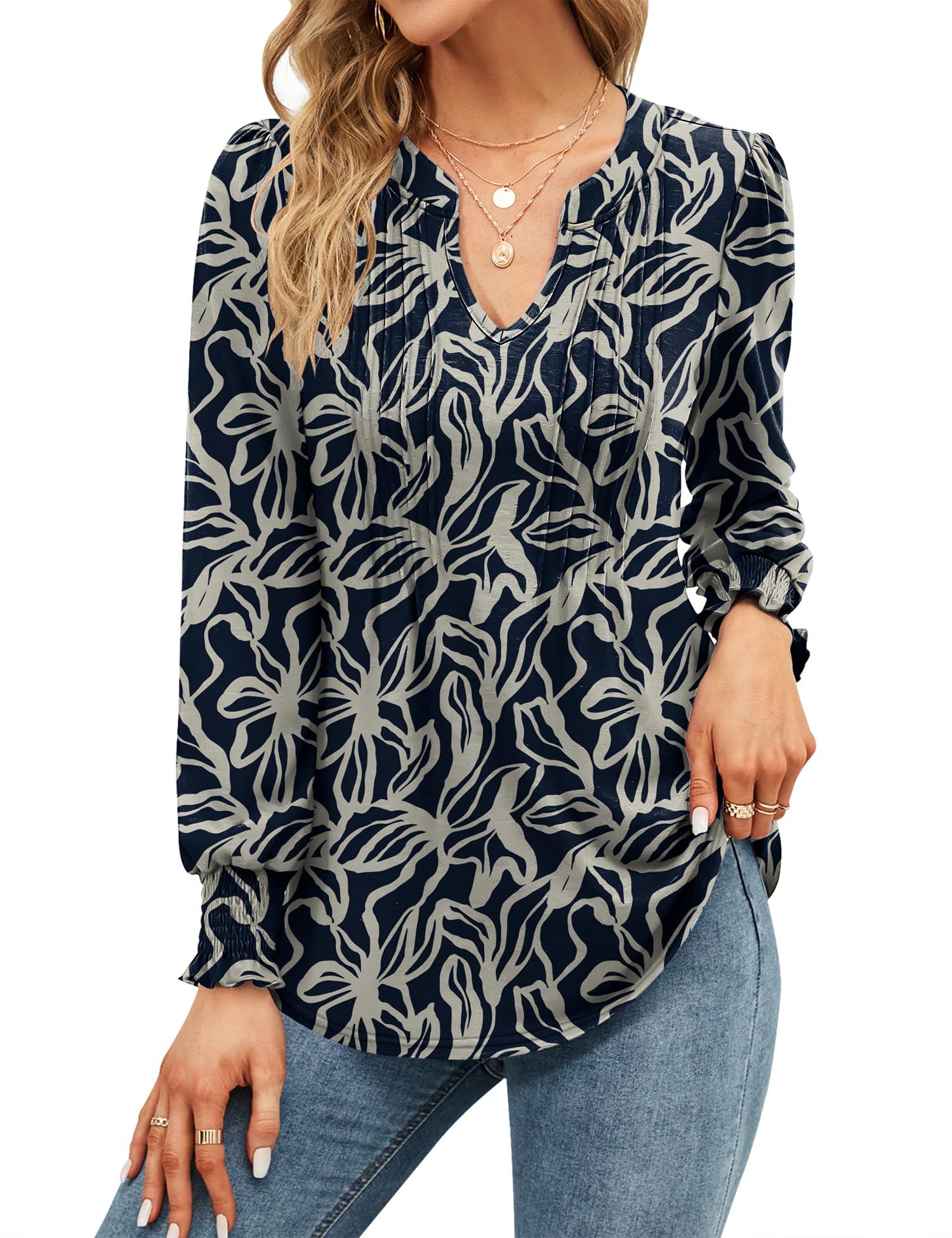 Womens V Neck Tops Puff Short Sleeve T-Shirt Pleated Floral Printed Tunic Blouse Shirts — view 28
