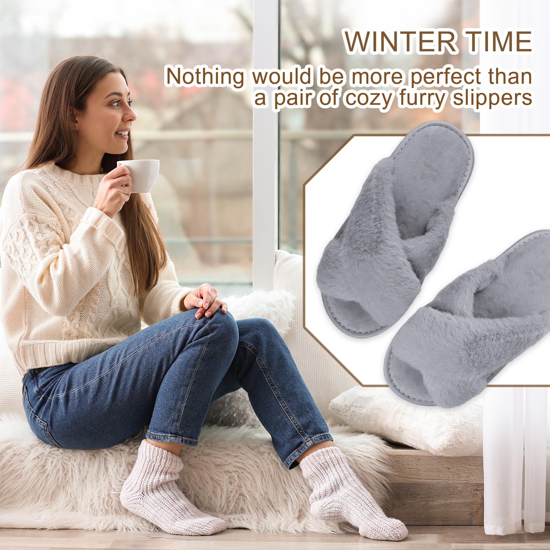 riemot Chaussons Femme Pantoufles en Mousse à Mémoire de Forme Antidérapantes et Confortables Chaussons Femme Hiver Pelucheuses Bout Ouvert Slippers Pour Intérieur/extérieur