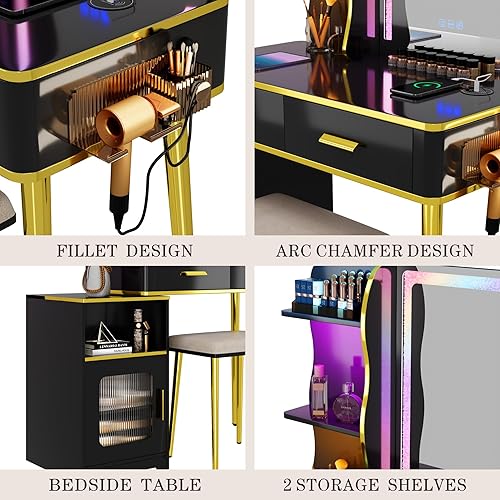 Miniatura 8 de HWB Escritorio de tocador con espejo y luces - Moderno juego de tocador de maquillaje con estación de carga, color negro