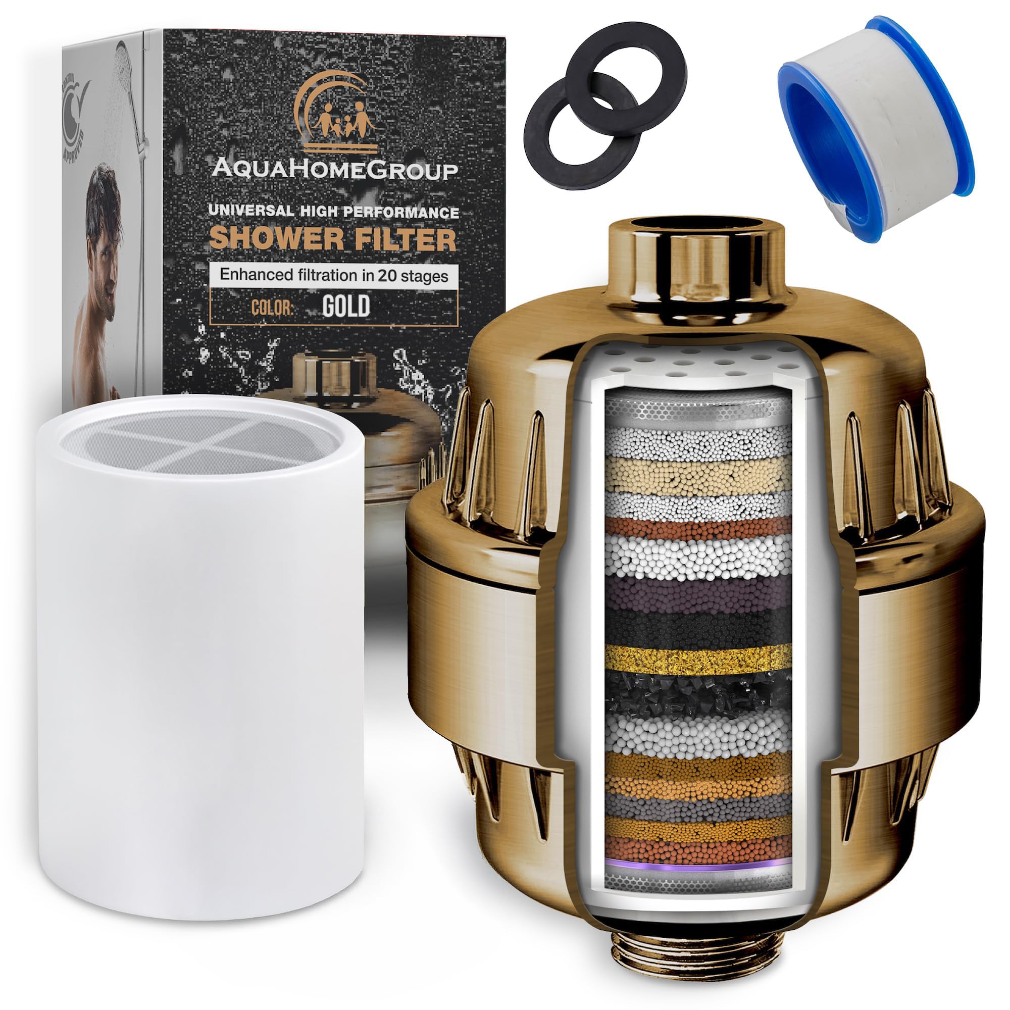 AquaHomeGroup 20-Stage Shower Filter, Vitamin C &amp; E, Brushed Gold