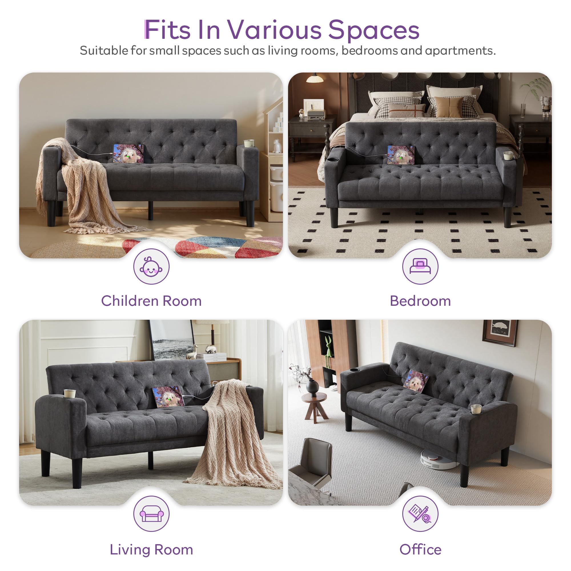 TYBOATLE 62" W Loveseat Sofa w/ 2 USB Charger Ports and 2 Cupholders | Mid-Century Modern Tufted Linen Fabric Small Love Seat Couches for Compact Living Room, Bedroom, Apartment, Dorm