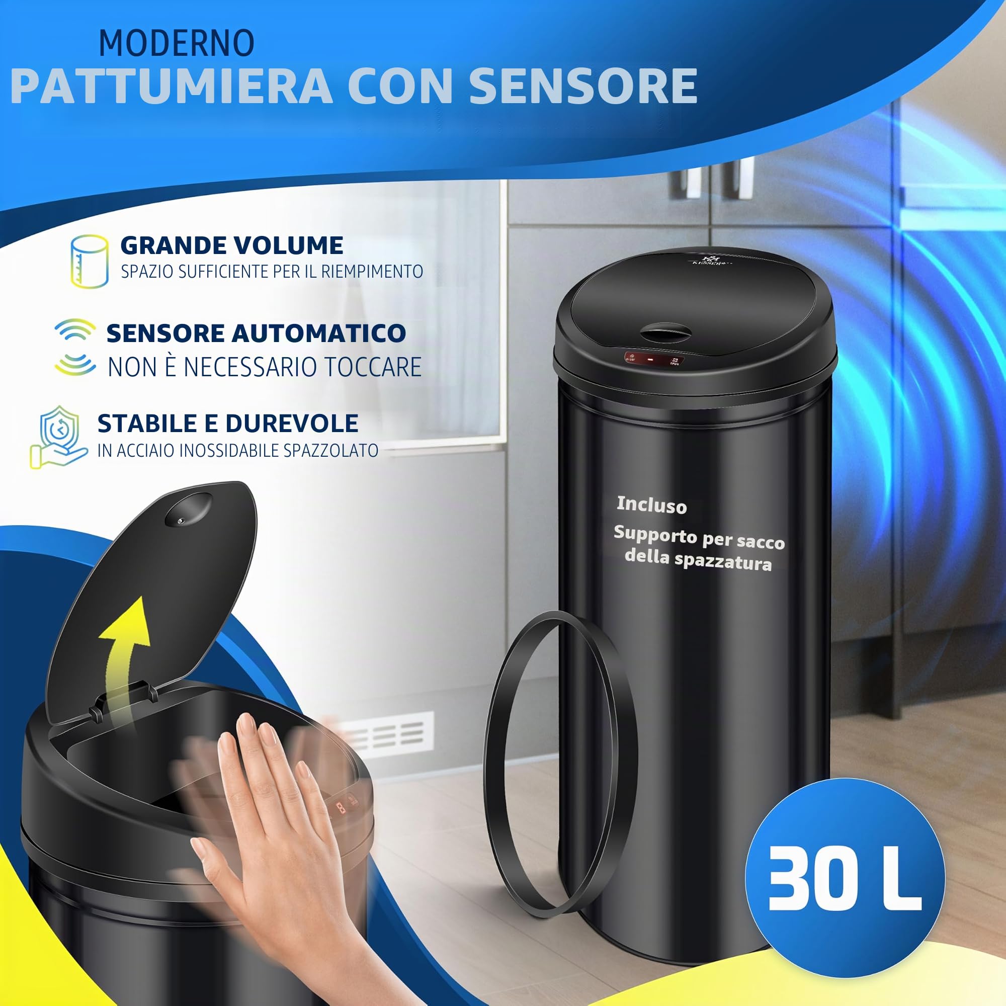 KESSER® Pattumiera con sensore ✓ Automatica ✓ Pattumiera ✓ Rifiuti | Acciaio inossidabile | Colore: nero | Dimensioni: 30 l