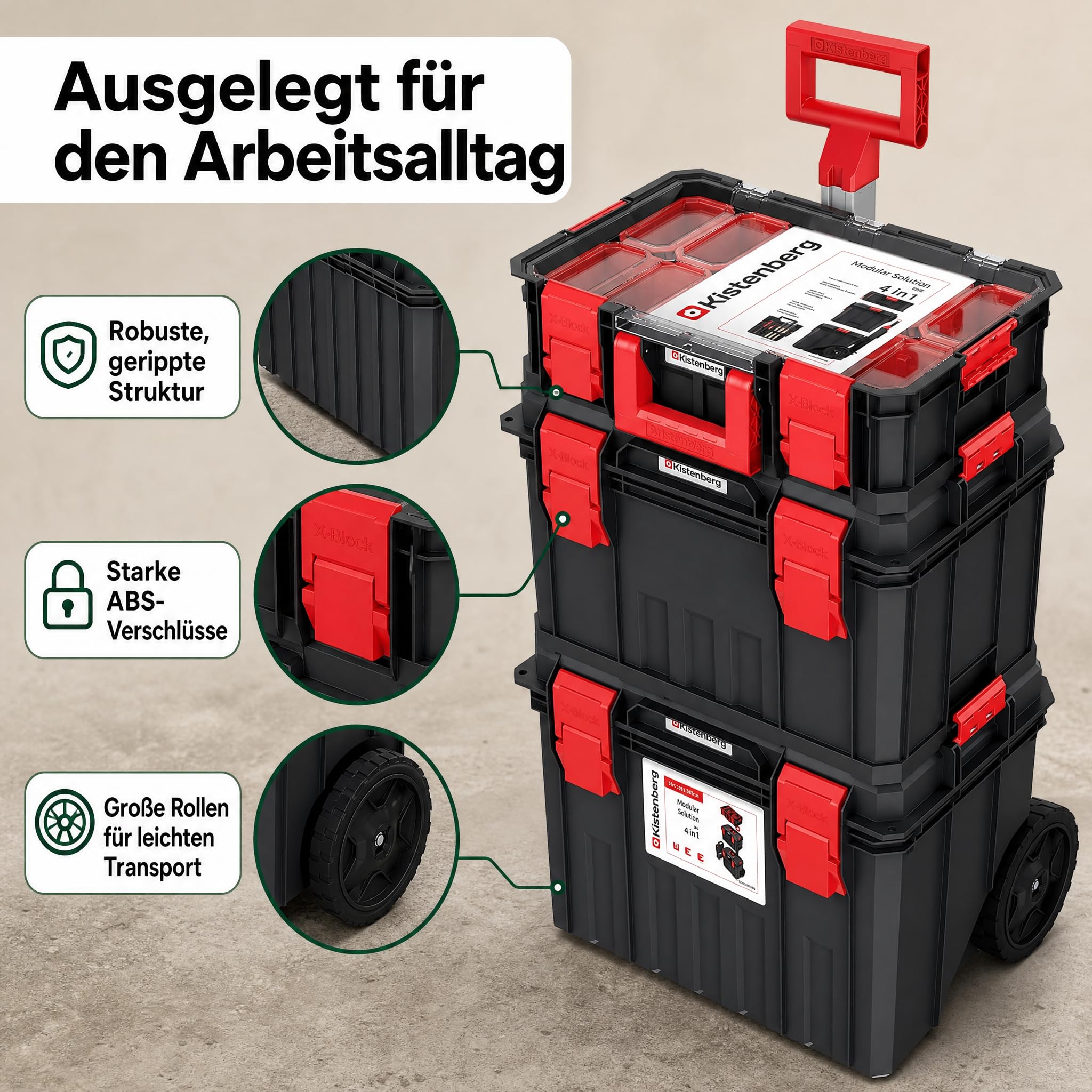 Carrello degli attrezzi, 530 x 355 x 825 mm, cassetta degli attrezzi con ruote | Officina con ruote, con organizer, scatola assortita e chiusure a clip X-Block, mobile, impilabile, modularmente espandibile