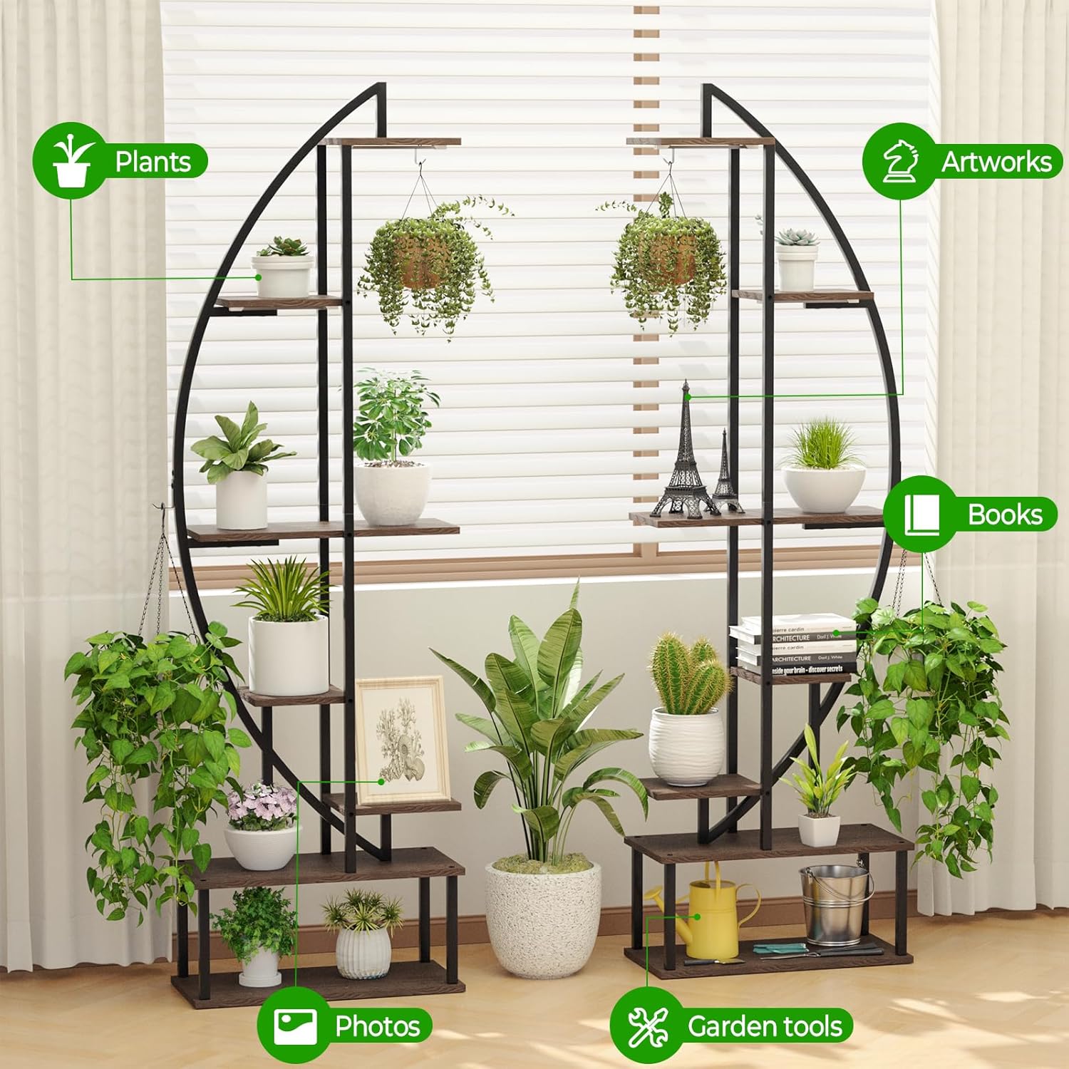 Plant Stand Shelf Rack Indoor with 6 Built in Grow Light, 7 Tiered 65" Tall Black Large Lighted Half Moon Curved Plant Stand for Indoor Growing, 2 Pack Arch Sturdy High Herb Flower Shelving