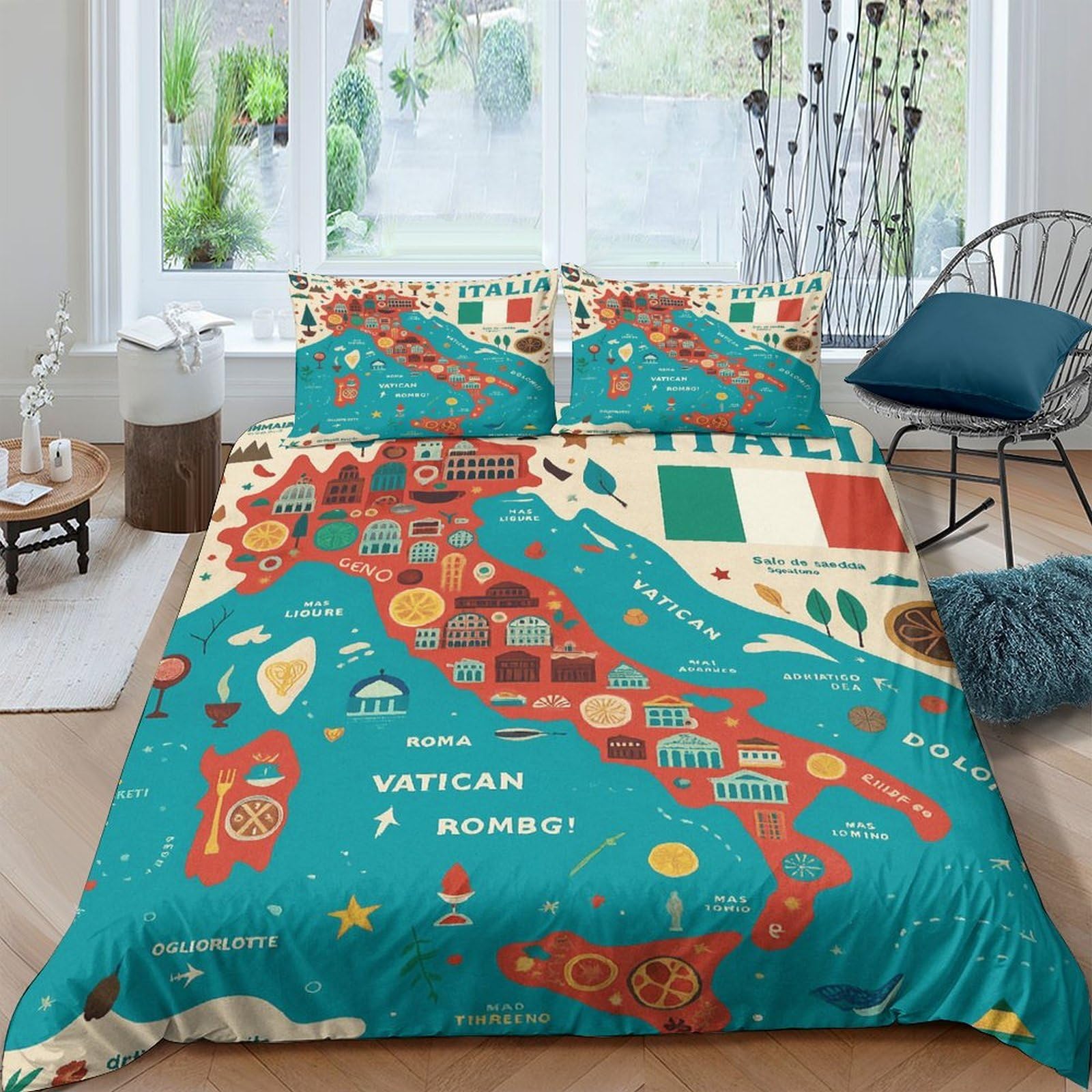 Guía de Viaje de Italia Impresión 3D 3 Piezas cubrecama Estilo de Mapa ilustrado Funda de edredón Microfibra Transpirable Cierre Cremallera para Chicos bebés Mujeres King（220x240cm）
