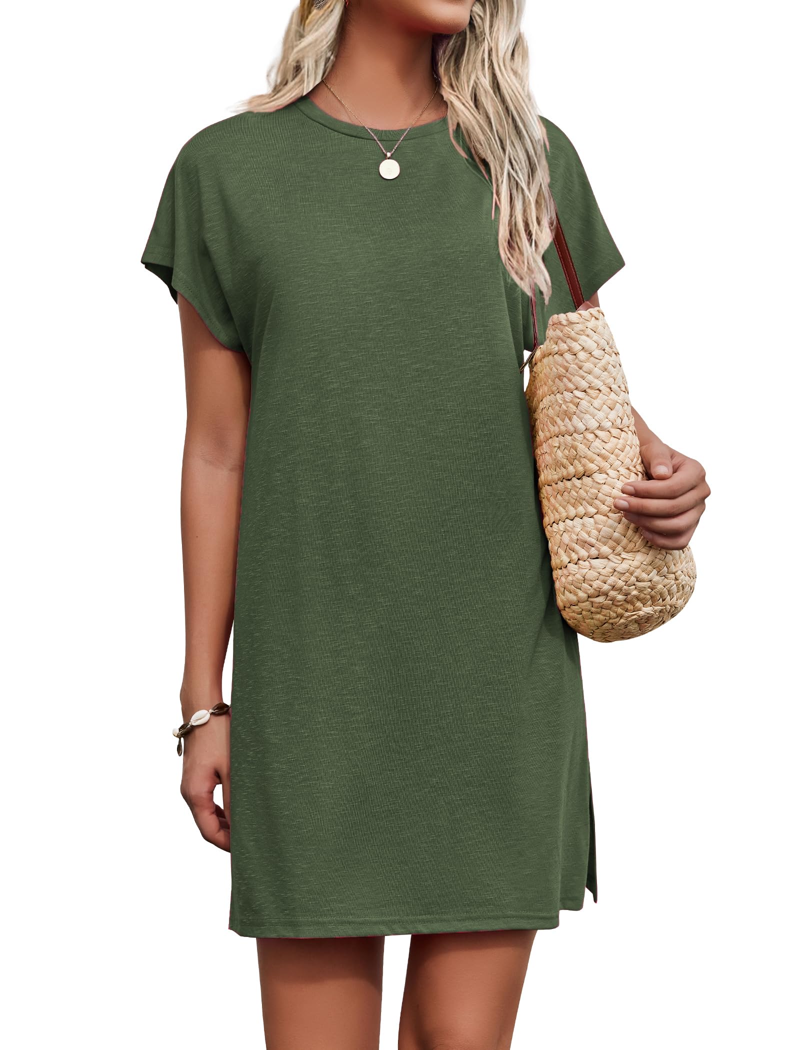 AIMAGE Womens Coverups Short Sleeve T-Shirt Dress Casual Side Slit Loose Fit Knee Length Beach Mini Dress S-XXL