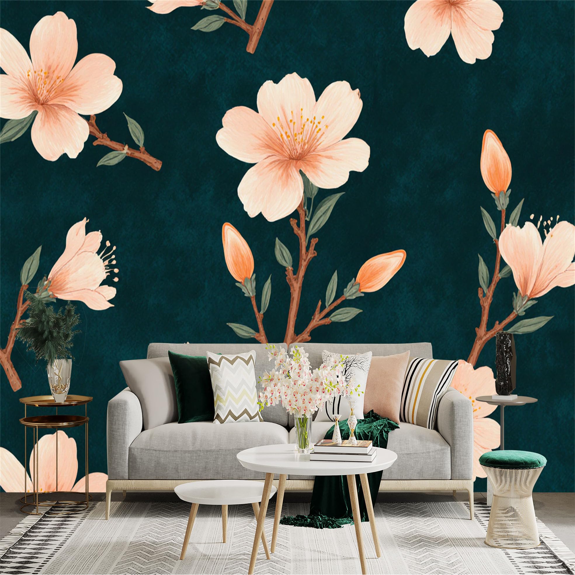 Custom Size Wall Sticker Mural， Elegant Peach Blossom Pattern， Soft Pink Floral Elements， Dark Teal Texture Background， for wall Decoration， peelandstick wall Decals.