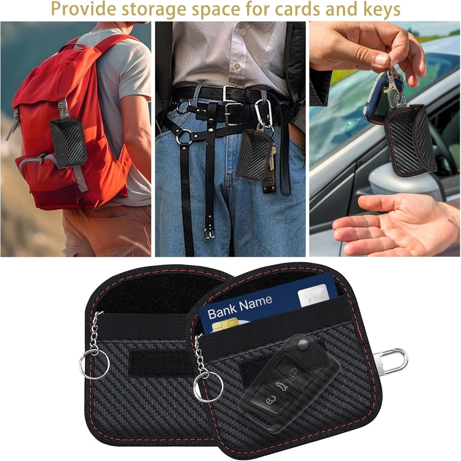Keyless Go Schutz, 2 Stück Kohlefaser Leder Faraday Bag RFID Blocker Autoschlüssel Hülle Schlüsseletui Schlüsseltasche Klein Strahlenschutz Tasche mit Haken und Schlüsselring