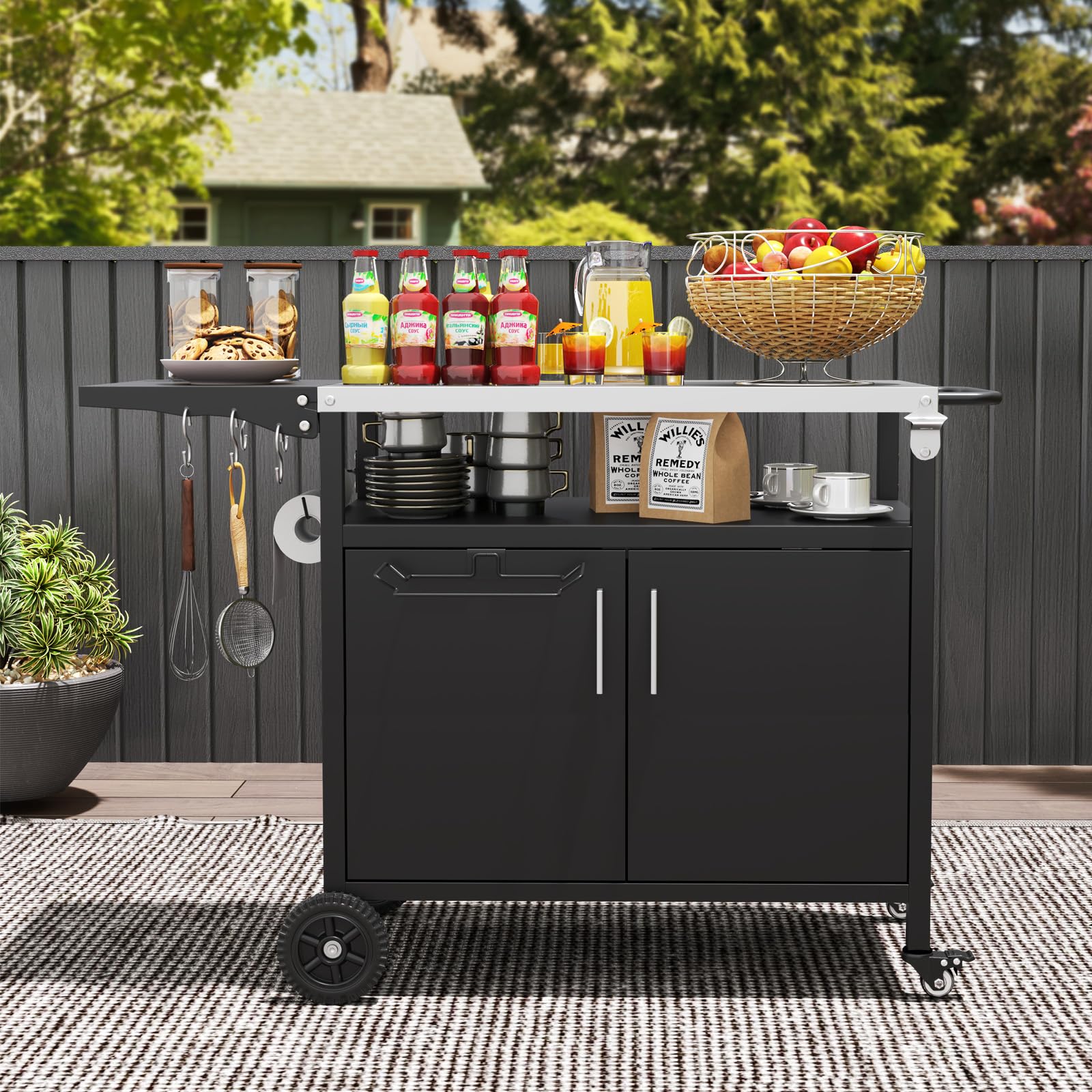 COSTWAY Carrello per Barbecue con 3 Ripiani e 2 Ante, Carrello da Cucina in Acciaio Inox e Ruote, Carrello Porta Griglia Multiuso con Tavolo Pieghevole e 6 Ganci, 127 x 50 x 84 cm