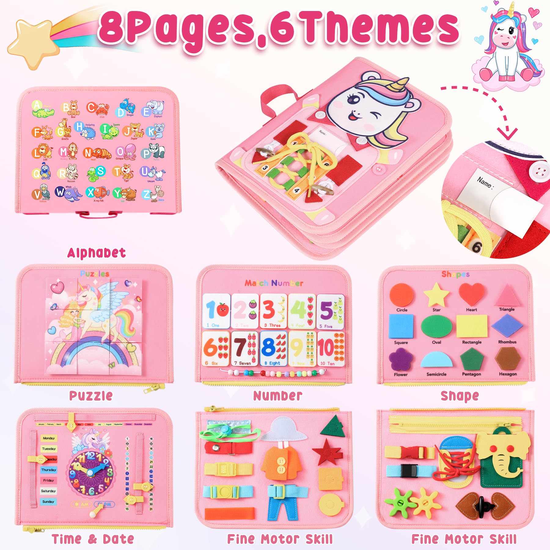 Gontence Busy Board - Giochi Bambini 2 3 Anni - Giochi Montessori 1 Anno - Giochi Educativi 3 4 5 Anni - Regalo Bambina Femmina - Libro Sensoriale Pannello Sensoriale