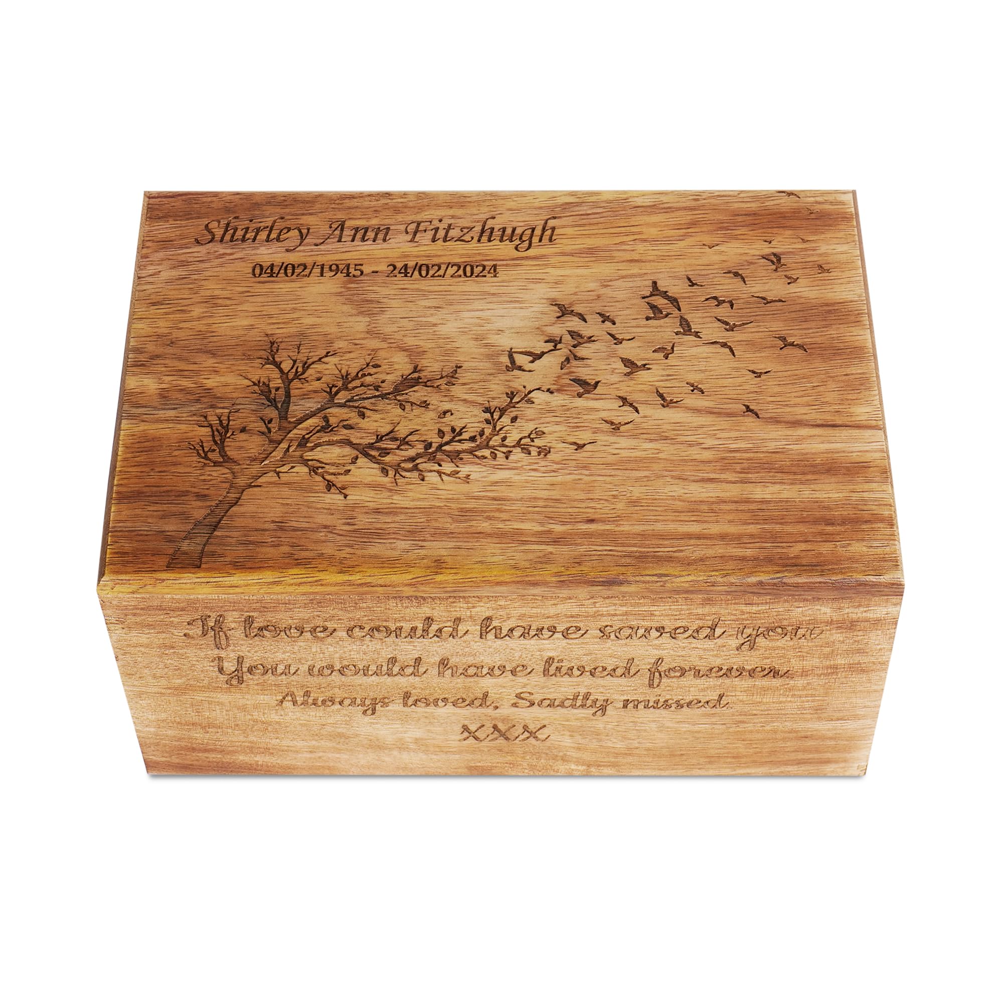 Personalized Wooden Cremation Urn for Human Ashes Adult, Tree of Life Memorial Urn Box for Men & Women, Custom Pet Urn for Cat & Dog Ashes, Burial & Funeral Keepsake, Custom Size XS–XXL (12–250 lbs)