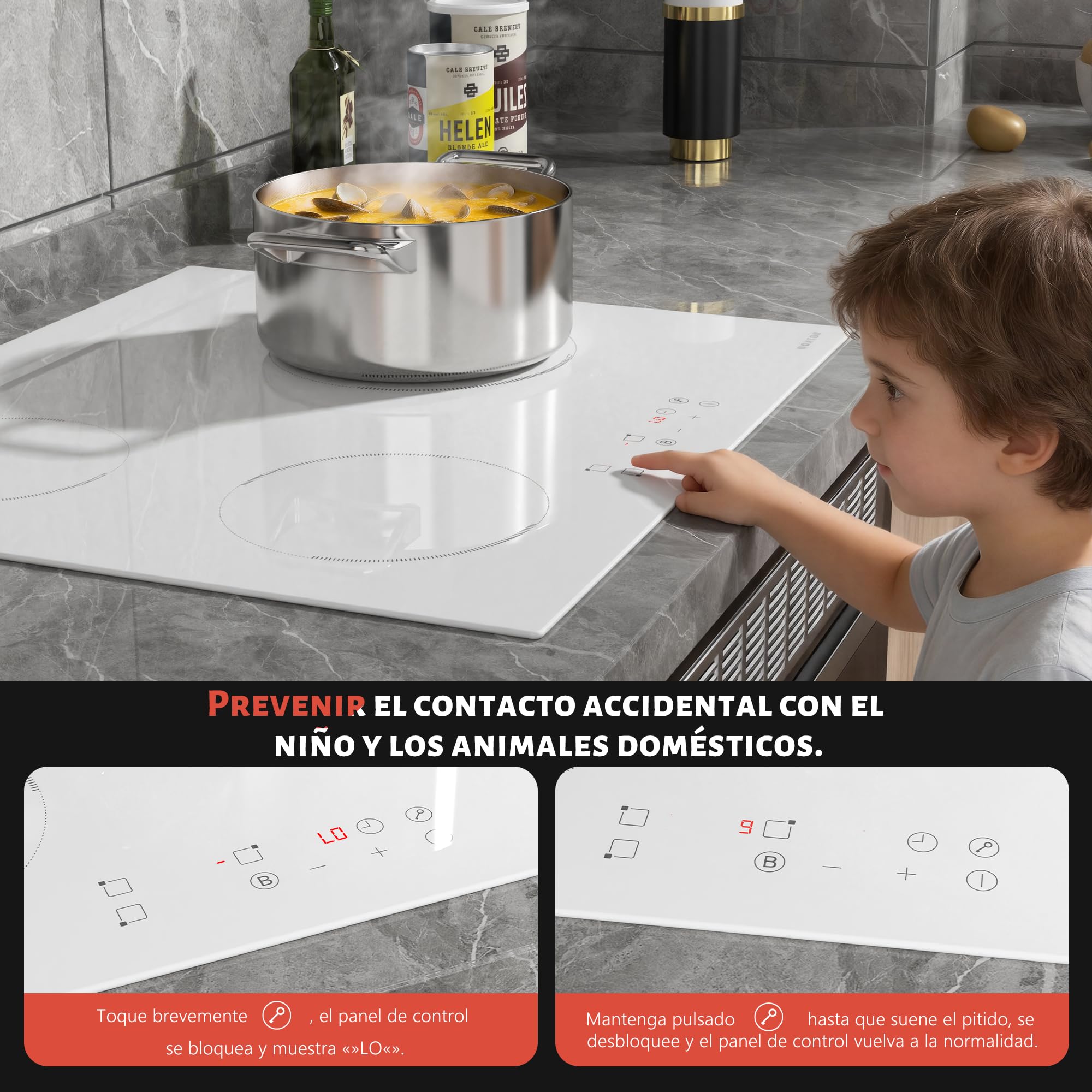 NOXTON Placa de Inducción Blanca 3 Fuegos, 60 cm, con Enchufe | NOXTON unción de Boost, Control táctil, Temporizador, Bloqueo de Seguridad, Apagado Automáti, 220 V - 240 V, 3500 W