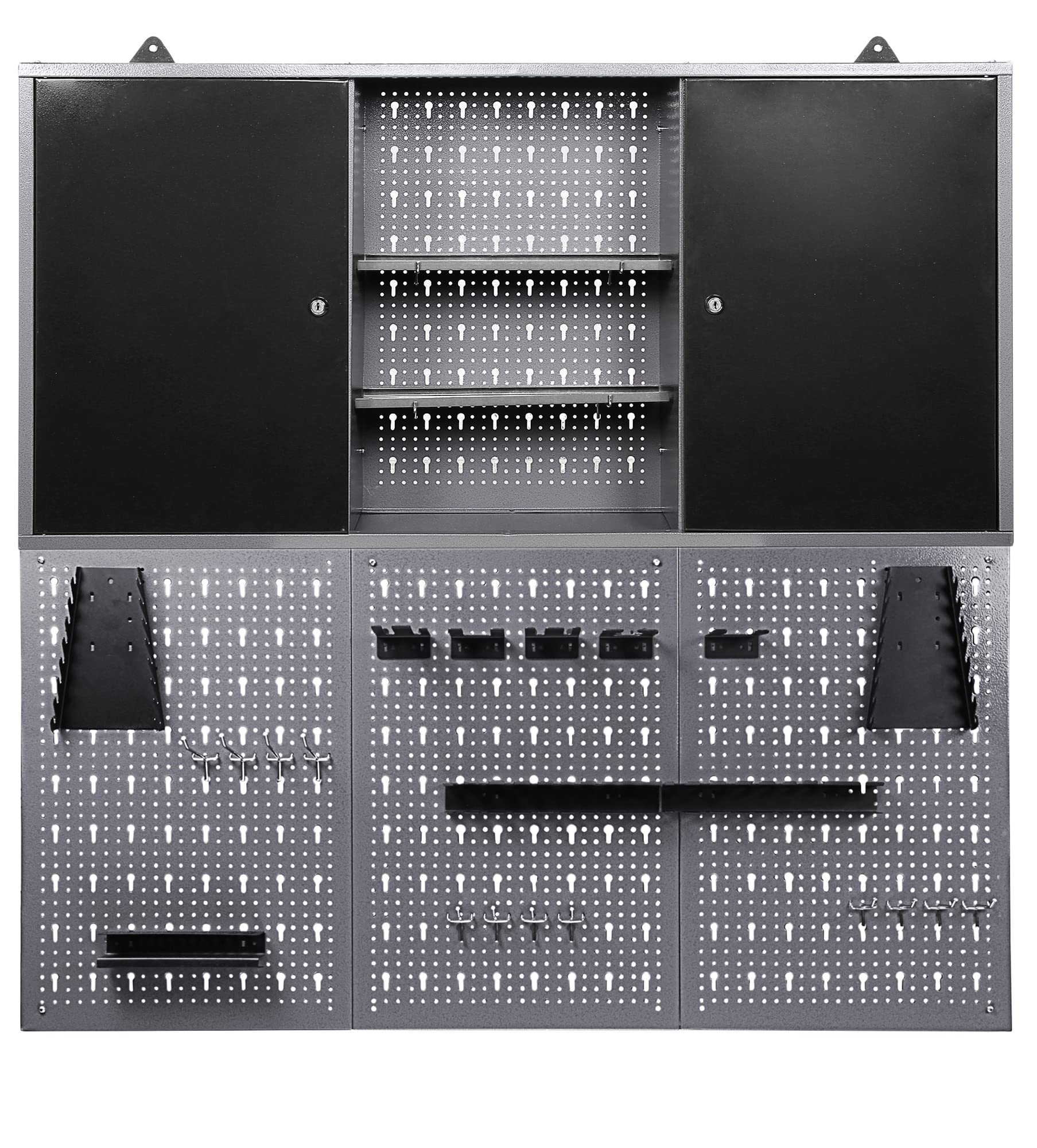 Ondis24 Werkstatt-Wandschrank Joku Werkzeugschrank Schwarz mit 2 Fachböden Lochwand Grau inkl. 50 teiliges Hakensortiment 120 cm