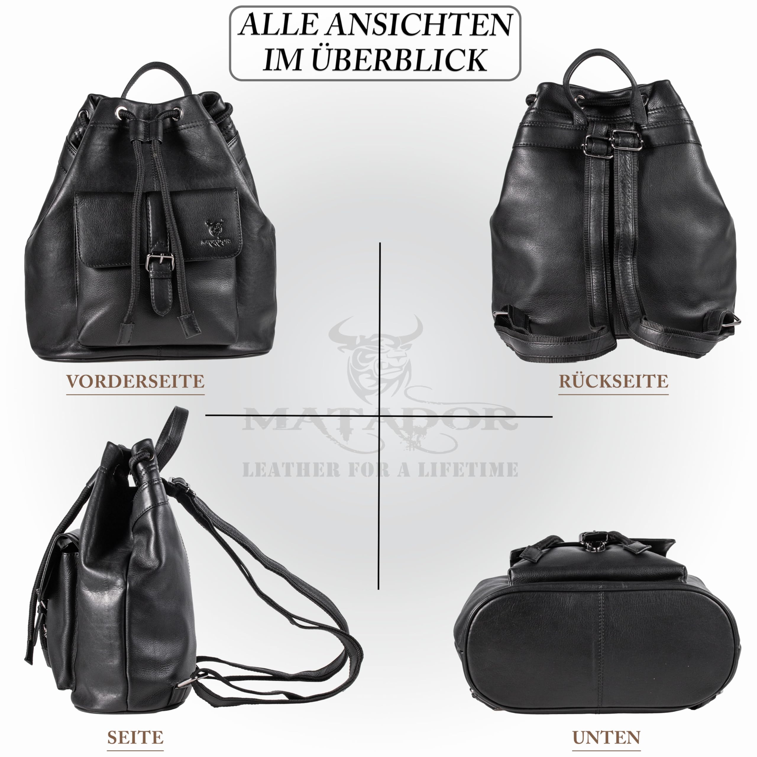 MATADOR Rucksack Tasche 2 in 1 Damen Leder #ROM, Stilvoller Rucksack Damen Schwarz für Alltag, eleganter Cityrucksack oder Lederrucksack, Robuste Rucksackhandtaschen mit Kordelzug, Schwarz Nappa