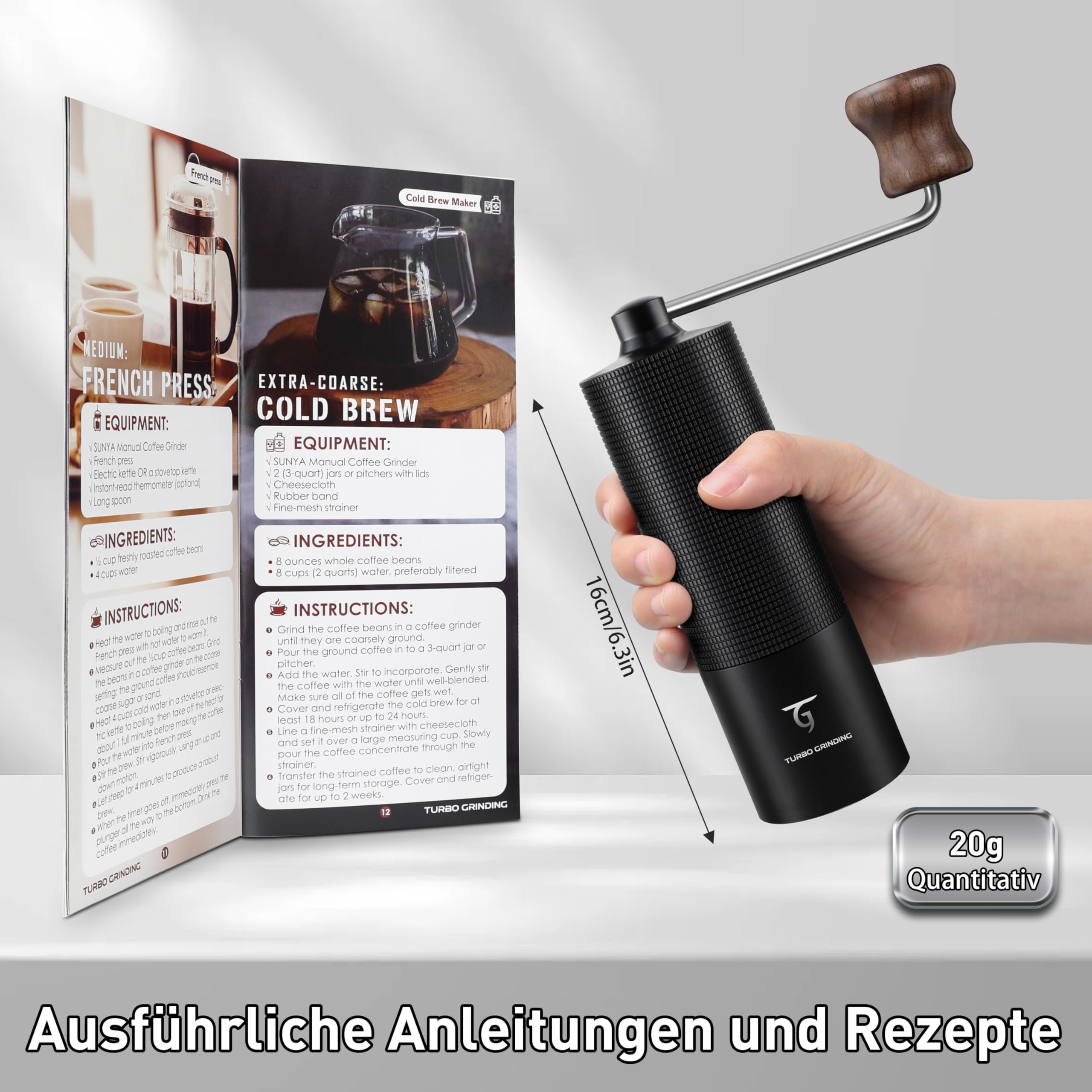 SUNYA Kaffeemühle Manuell mit Kaffeerezeptbuch - Edelstahl Handkaffeemühle mit Kegelmahlwerk Mahlgrad - Präzises Einstellbar Kaffee Handmühle mit Holzgriff (MCG-02 Schwarz)