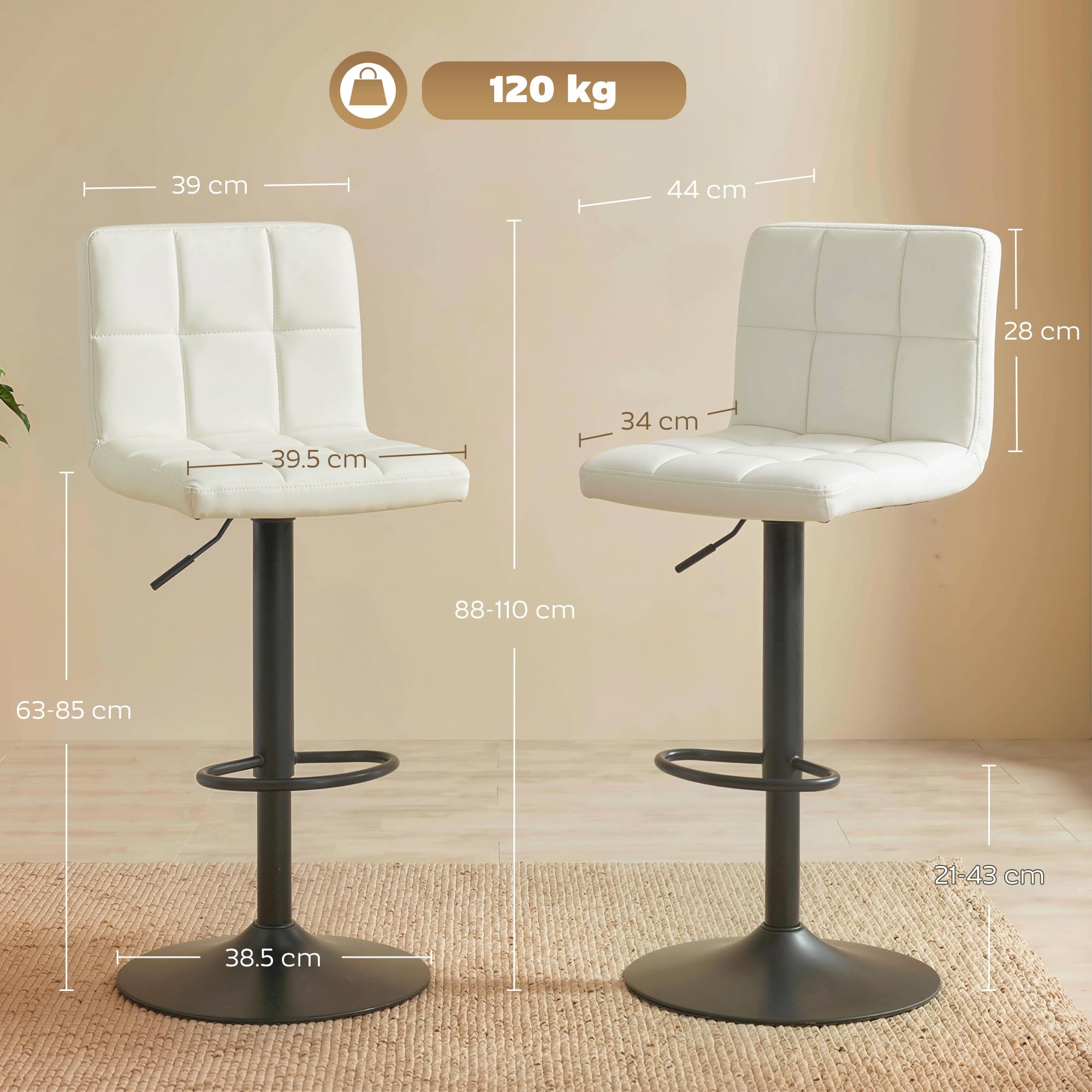 HOMCOM Set 2 Sgabelli Bar in PU Girevoli a 360° con Altezza Regolabile, Sgabelli Cucina Alti con Seduta Morbida, Poggiapiedi, Schienale, Struttura in Acciaio, Sedie Bar per Penisola Cucina, Crema