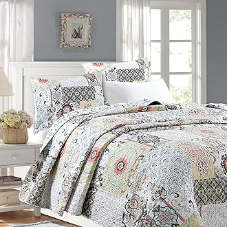 Cozy Line Home Fashions Moorea Floral Gray Yellow Coral Aqua Blue Patchwork Microfiber Reversible Bedding Quilt Set, Coverlet, Bedspread (Fleur-de-lis, King - 3 Piece)