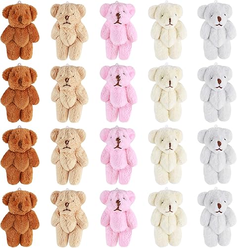 Skylety 20 piezas de ositos pequeños de peluche de 2.36 pulgadas, llavero pequeño, muñeca articulada, regalo para graduación, manualidades,