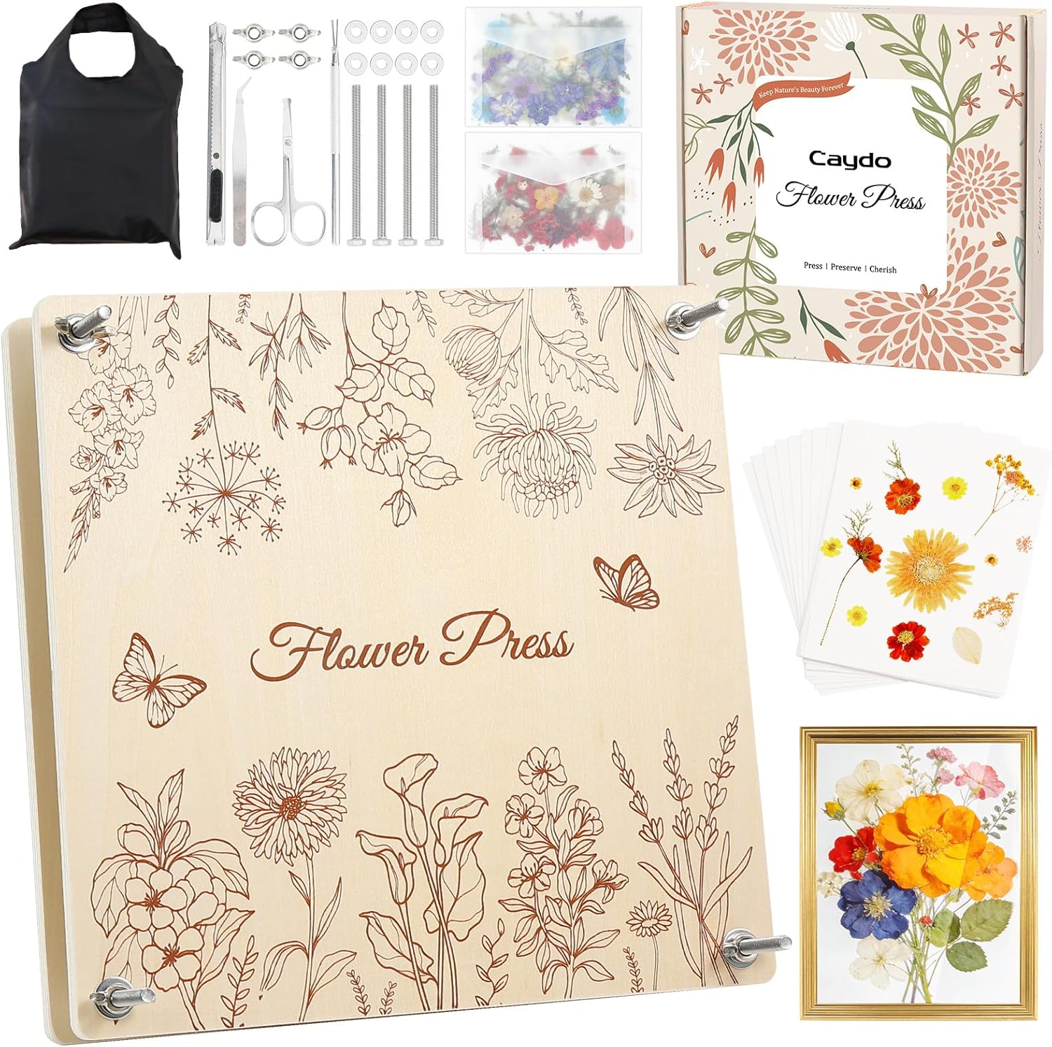 Caydo Large Flower Press Kit for Adults & Teens, 11"x11" 10 Layers Flower Pressing Kit for Pressed Flowers, Herbs & Leaves, Flowers Bouquet Preservation Kit for Bookmarks, Wedding and Craft Projects