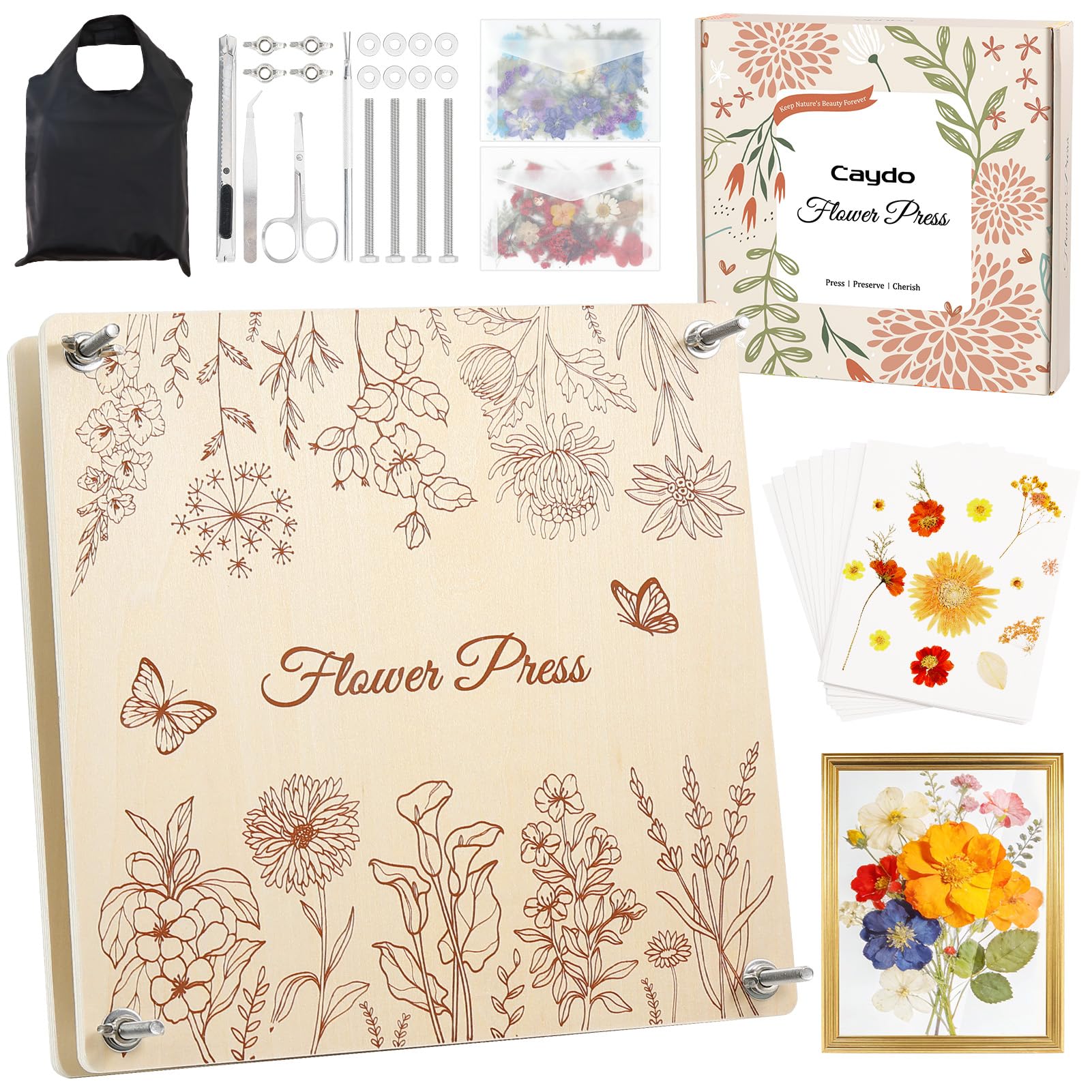 Caydo Kit de prensa de flores de madera de 11 x 11 pulgadas, 10 capas para adultos, marco de flores prensadas para marcapáginas, conserva ramo funerario de boda y plantas, hojas, hierbas para