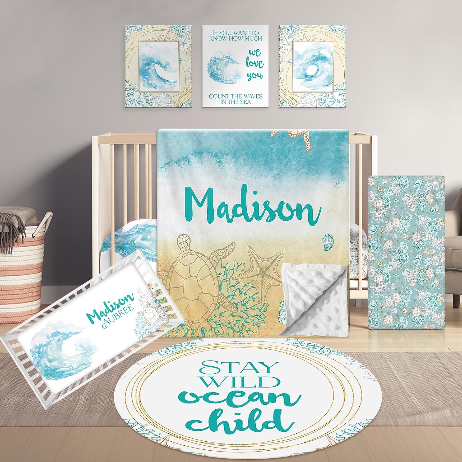 Terwex Personalized Baby Crib Set, 5 Pcs Custom Name Bedding for Girls Boys - Soft Toddler Crib Set, Blue Ocean