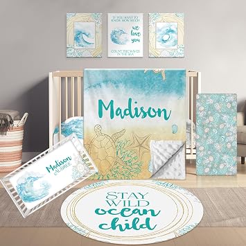Terwex Personalized Baby Crib Set, 5 Pcs Custom Name Bedding for Girls Boys - Soft Toddler Crib Set, Blue Ocean