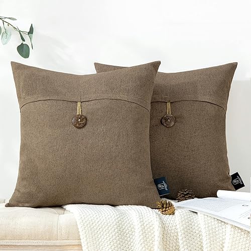 Phantoscope - Paquete de 2 fundas de almohada decorativas estilo campestre, con botón de coco premium, de lino vintage, color café, para sofá, cama